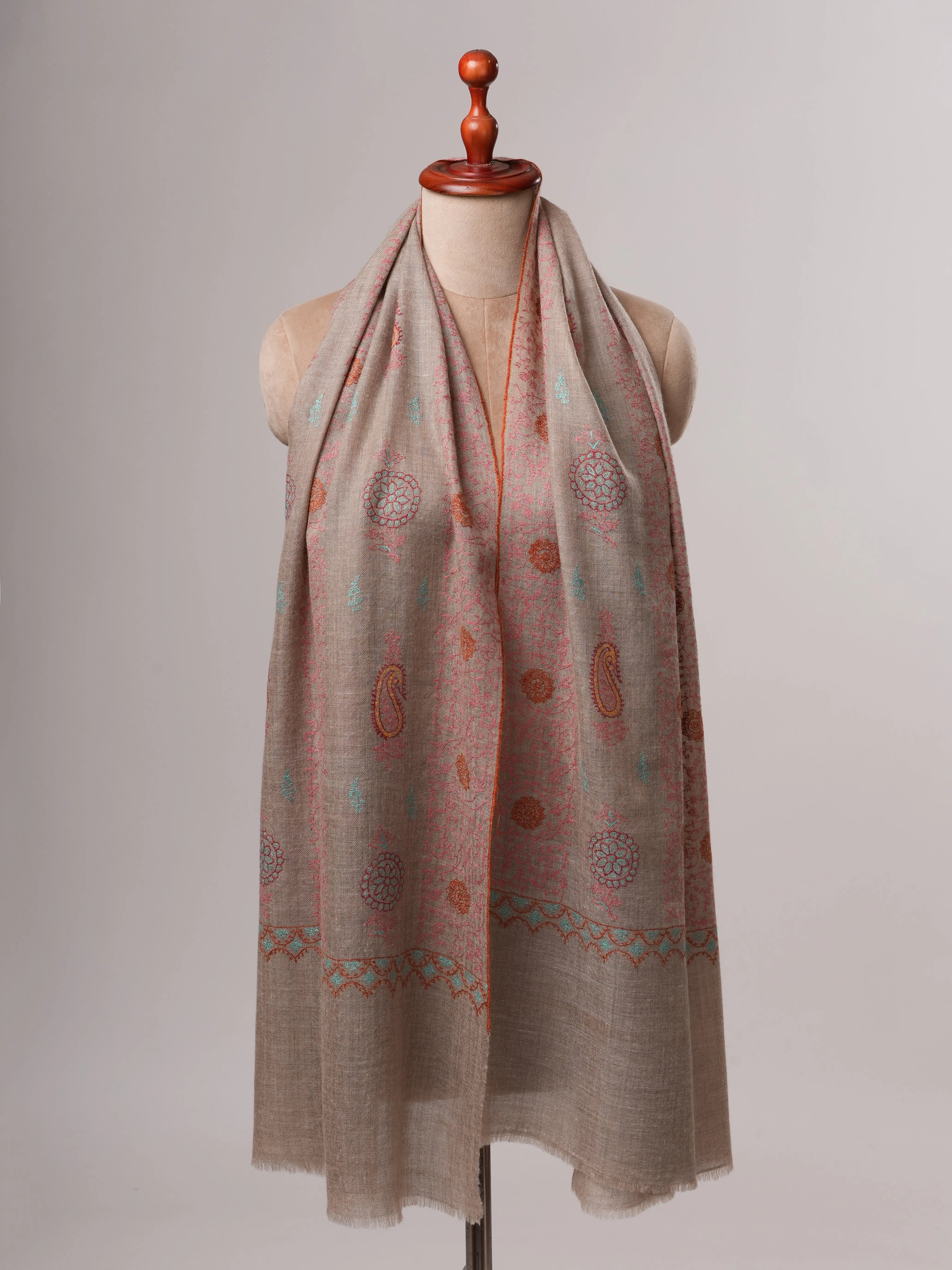 Artisan Made Grey Cashmere Scarf with Detailed Hand Embroidery Shahkaar