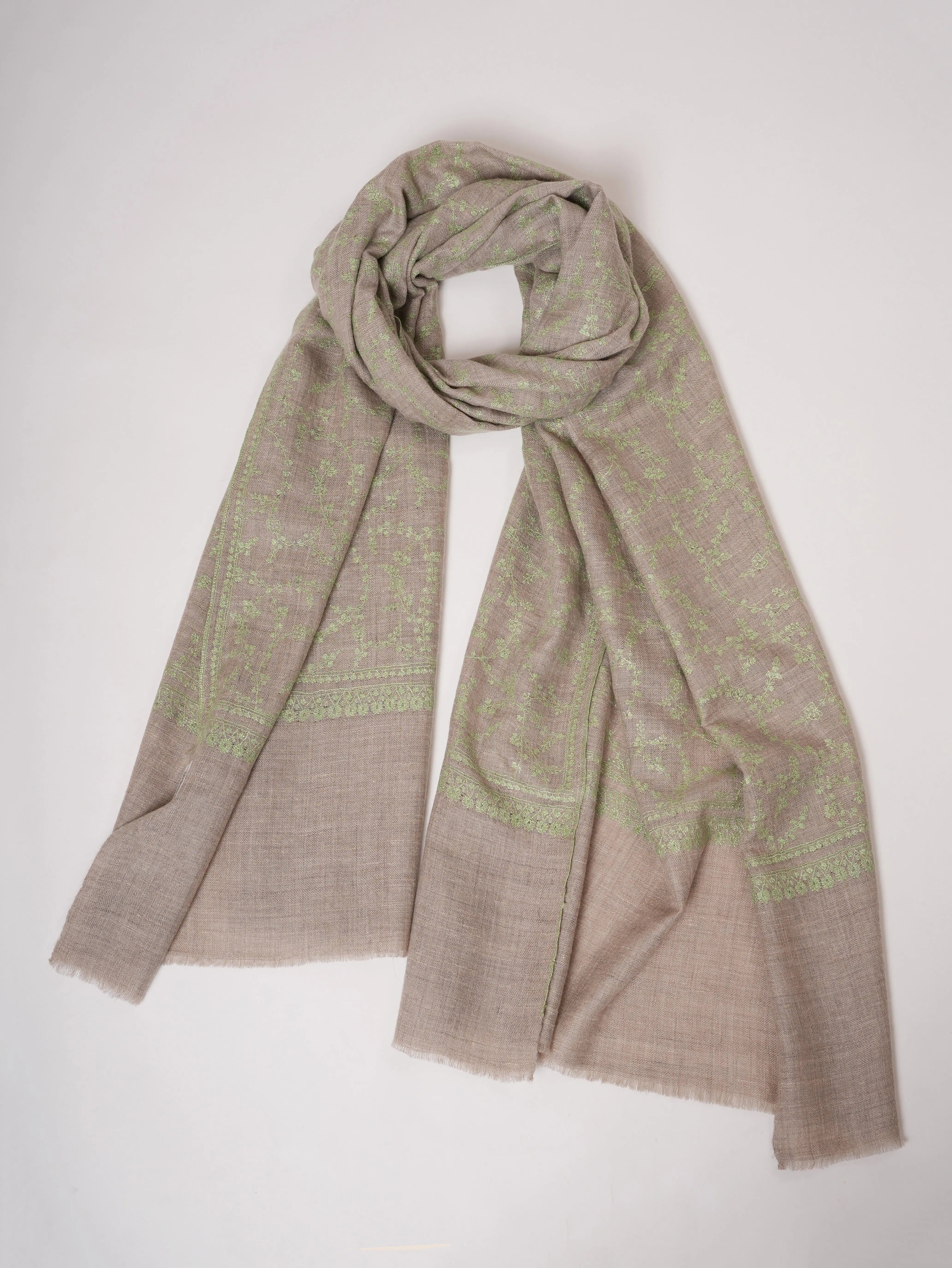 Baby Soft Grey Cashmere Scarf with Exquisite Hand Embroidery Shahkaar