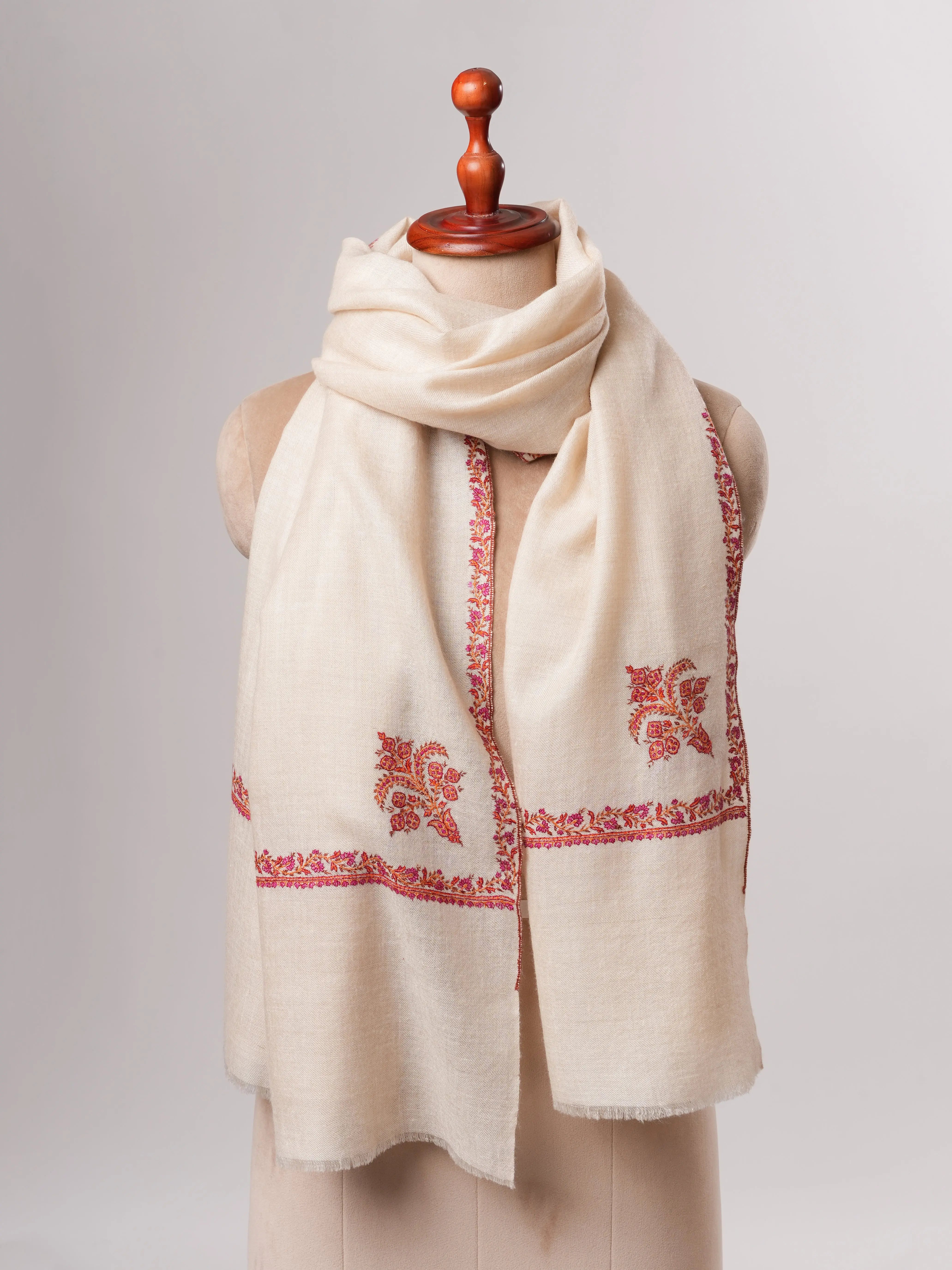 Handcrafted Offwhite Baby Soft Cashmere Scarf with Hashia Embroidery Shahkaar