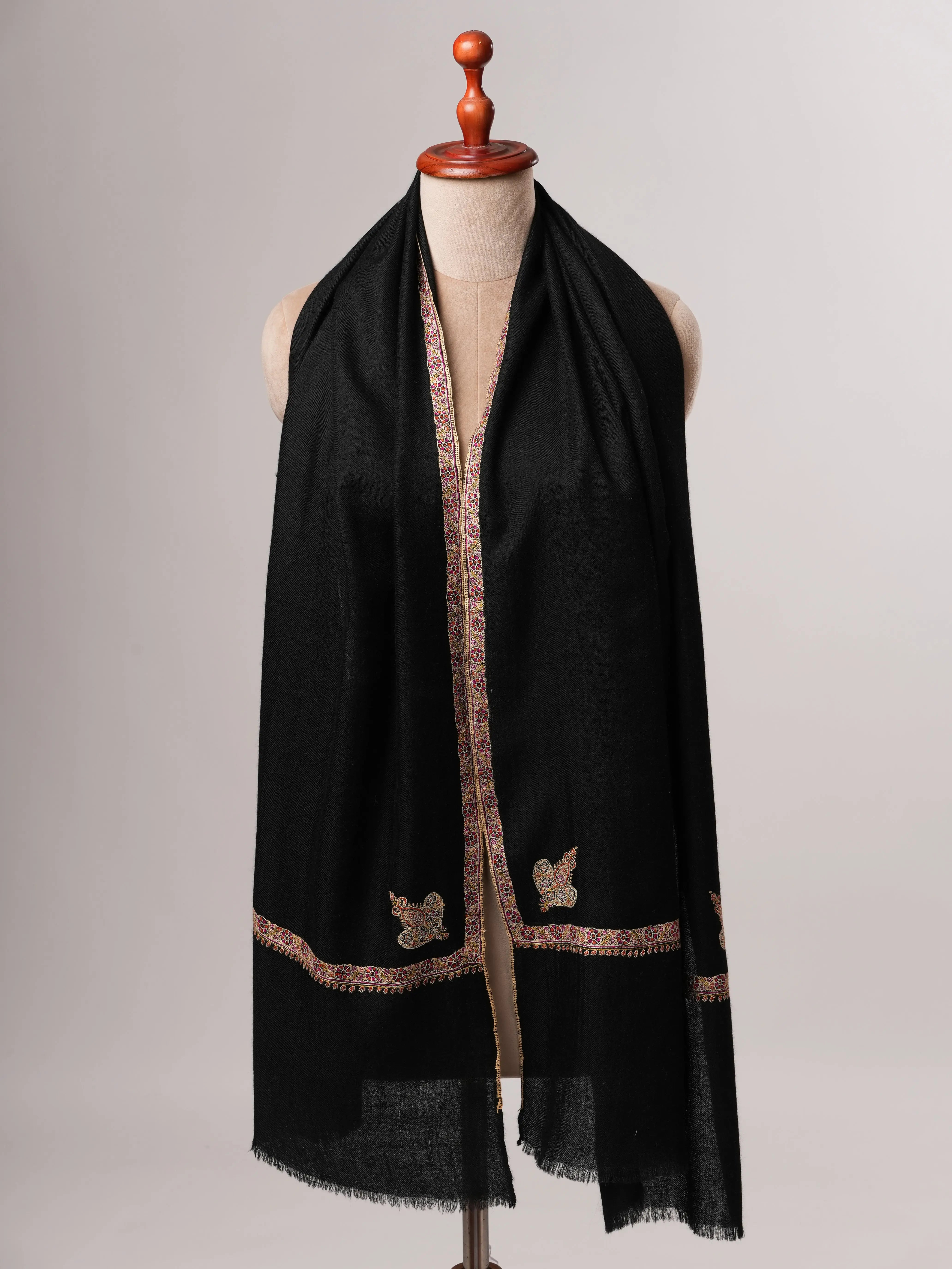 Handcrafted Black Soft Cashmere Scarf with Hashia Embroidery Shahkaar