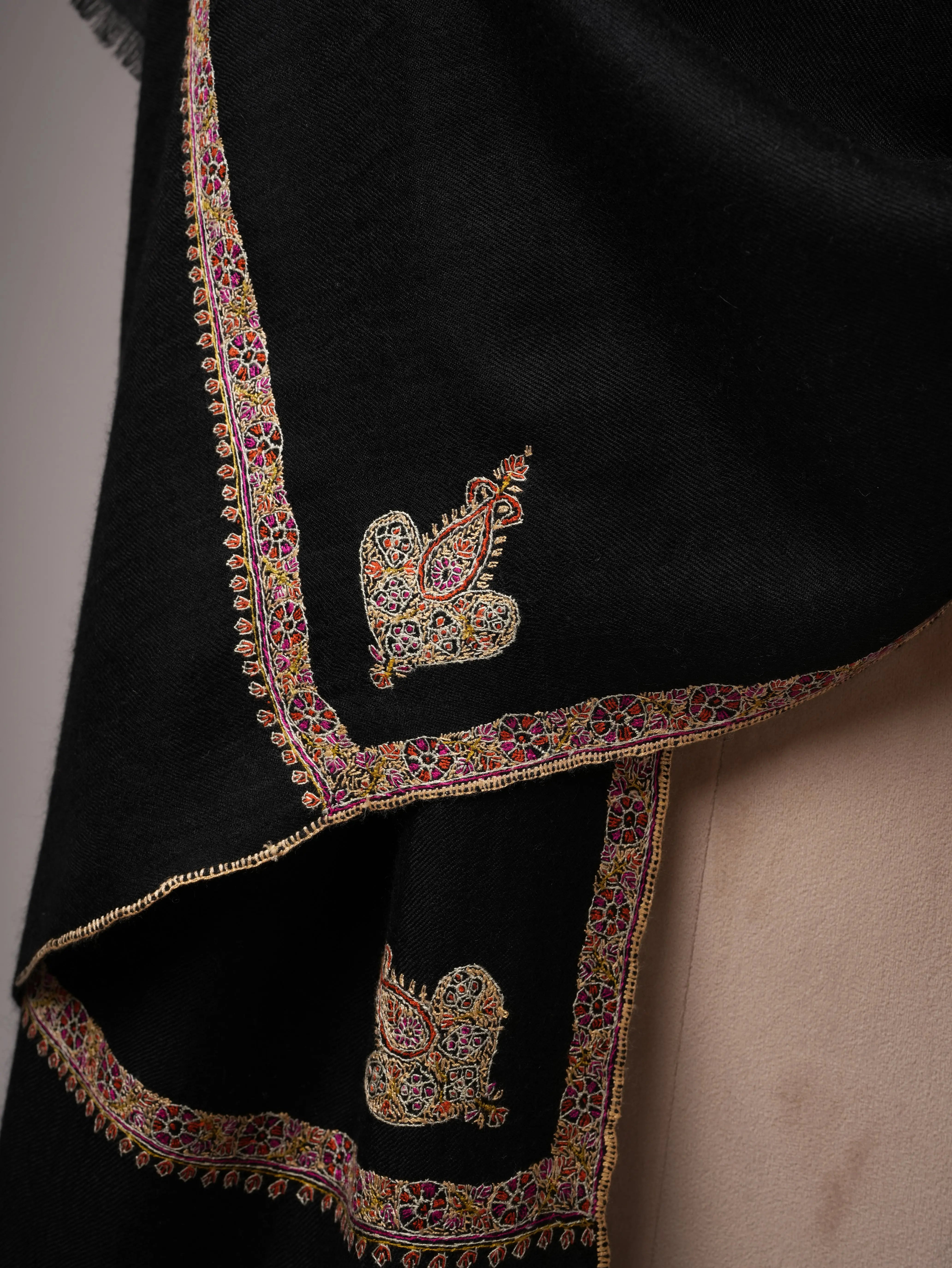 Handcrafted Black Soft Cashmere Scarf with Hashia Embroidery Shahkaar