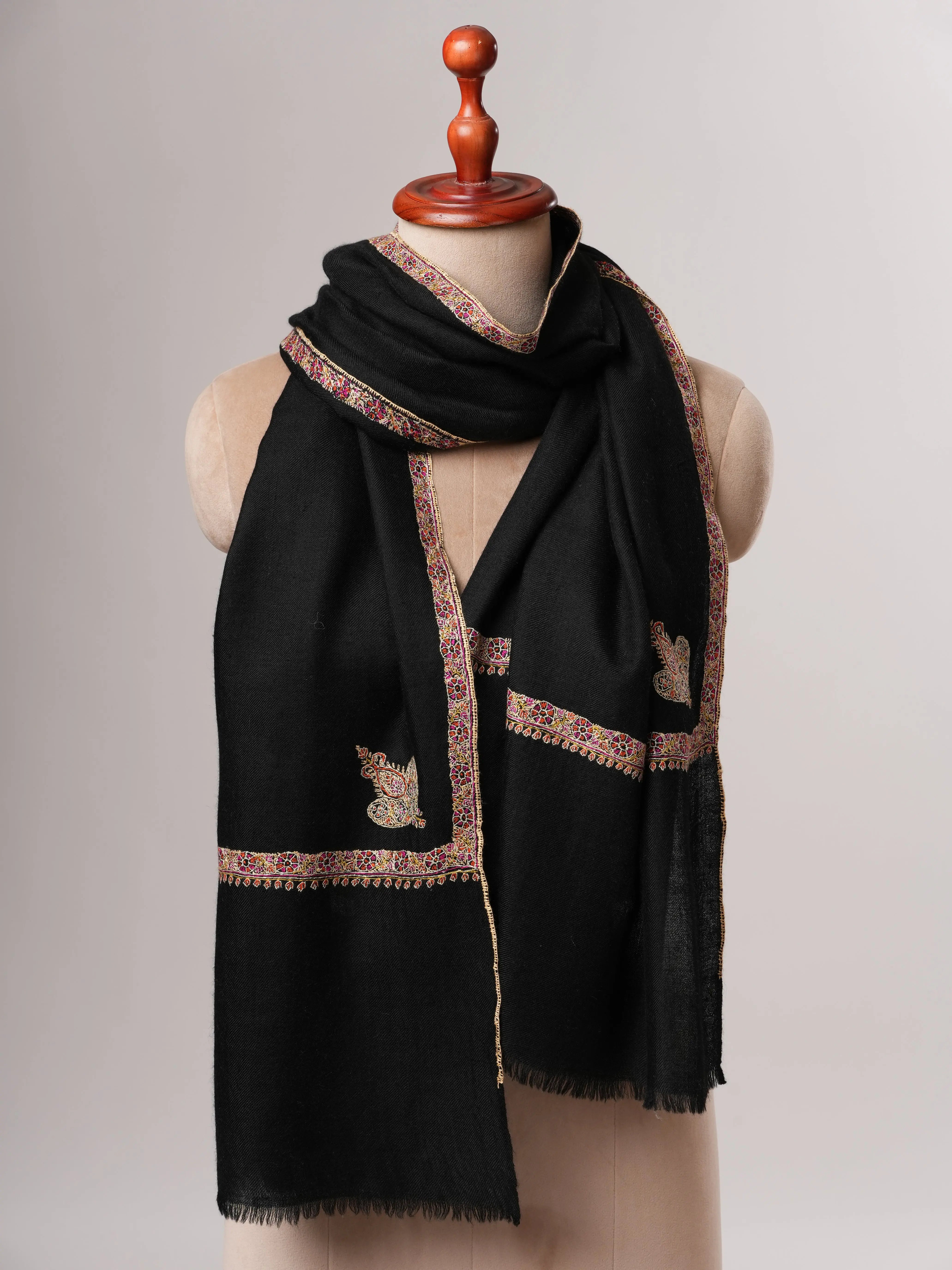 Handcrafted Black Soft Cashmere Scarf with Hashia Embroidery Shahkaar