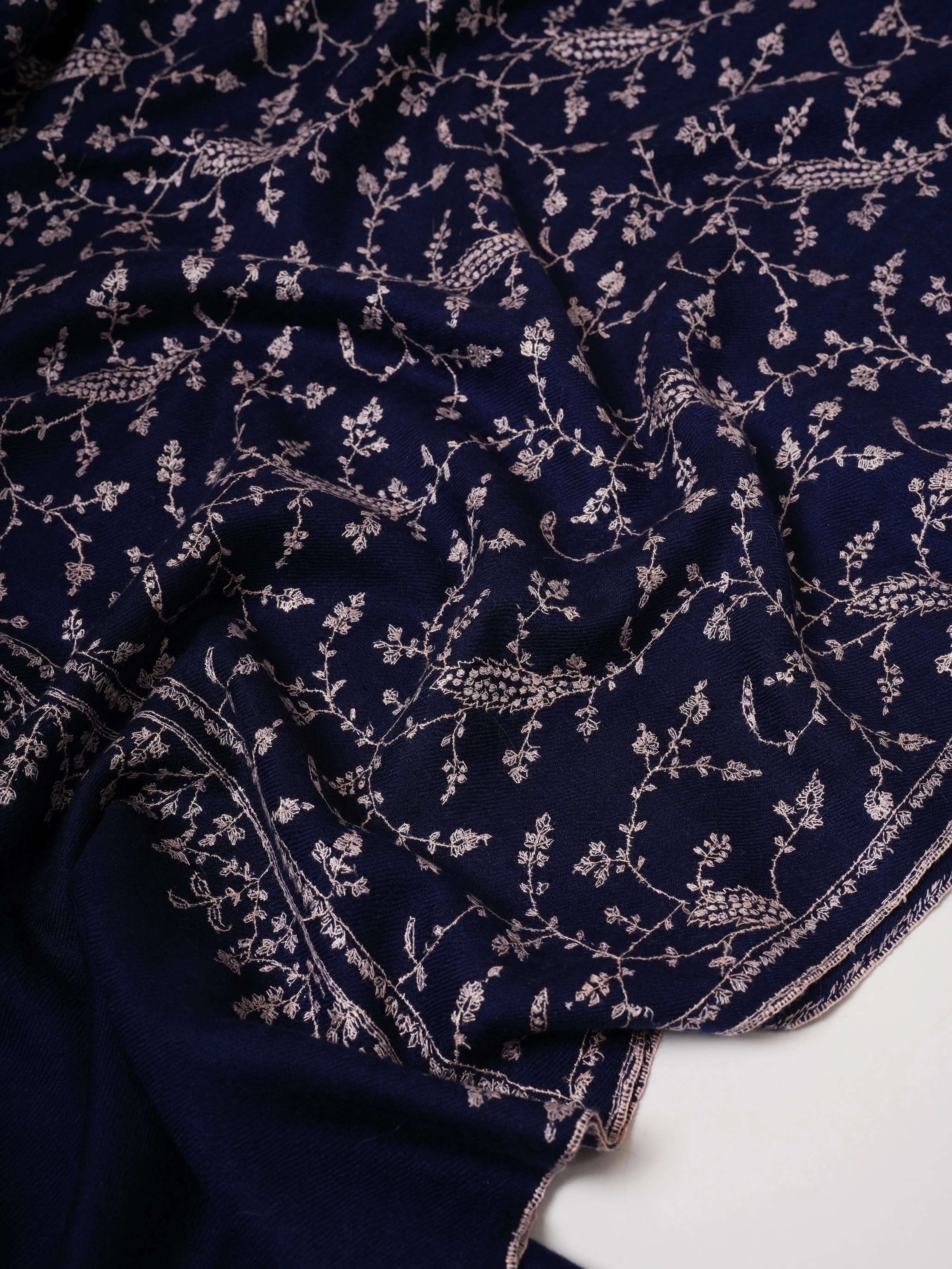Soft Navy Blue Cashmere Scarf Featuring Intricate Jali Embroidery Shahkaar