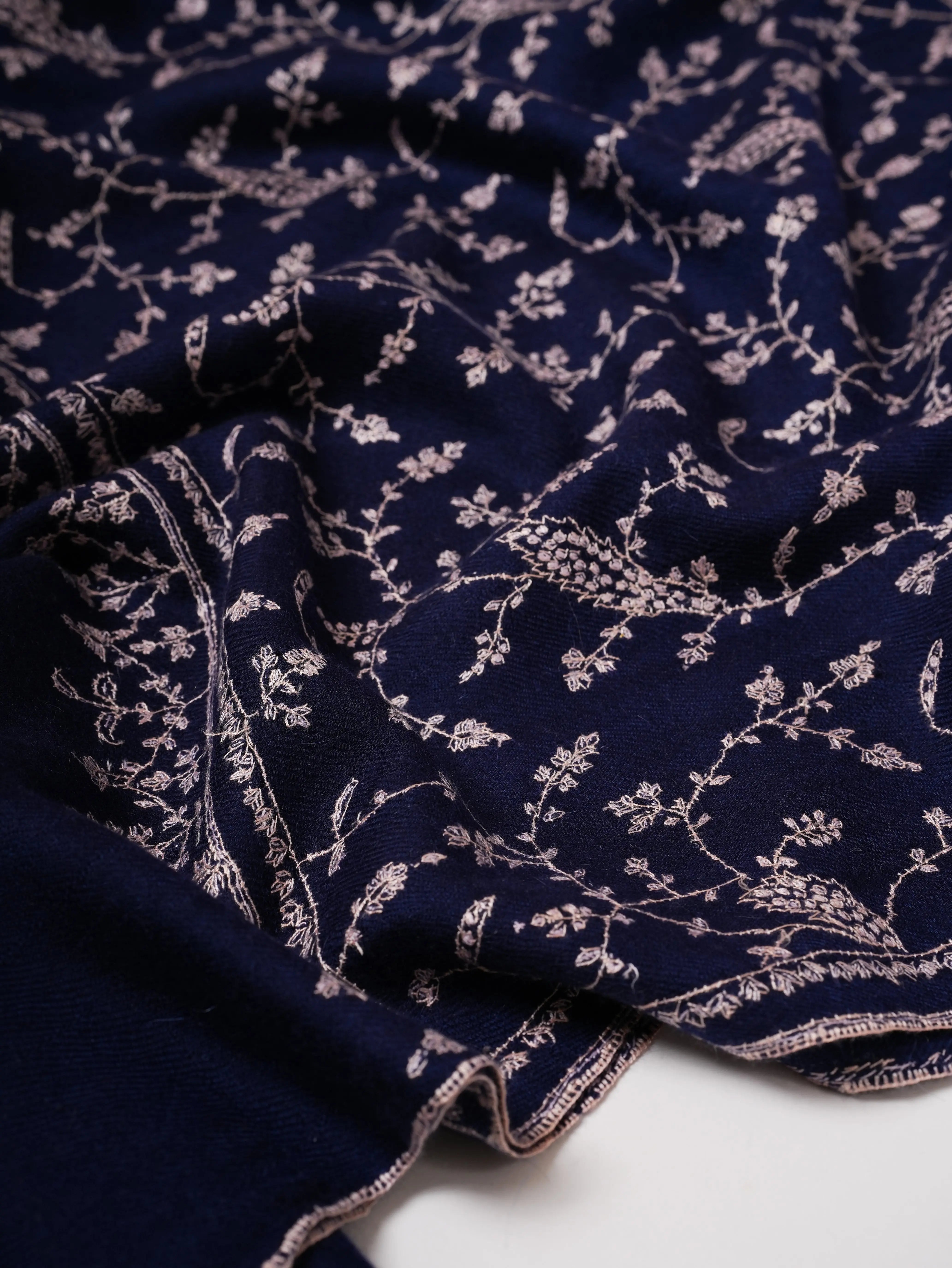 Soft Navy Blue Cashmere Scarf Featuring Intricate Jali Embroidery Shahkaar