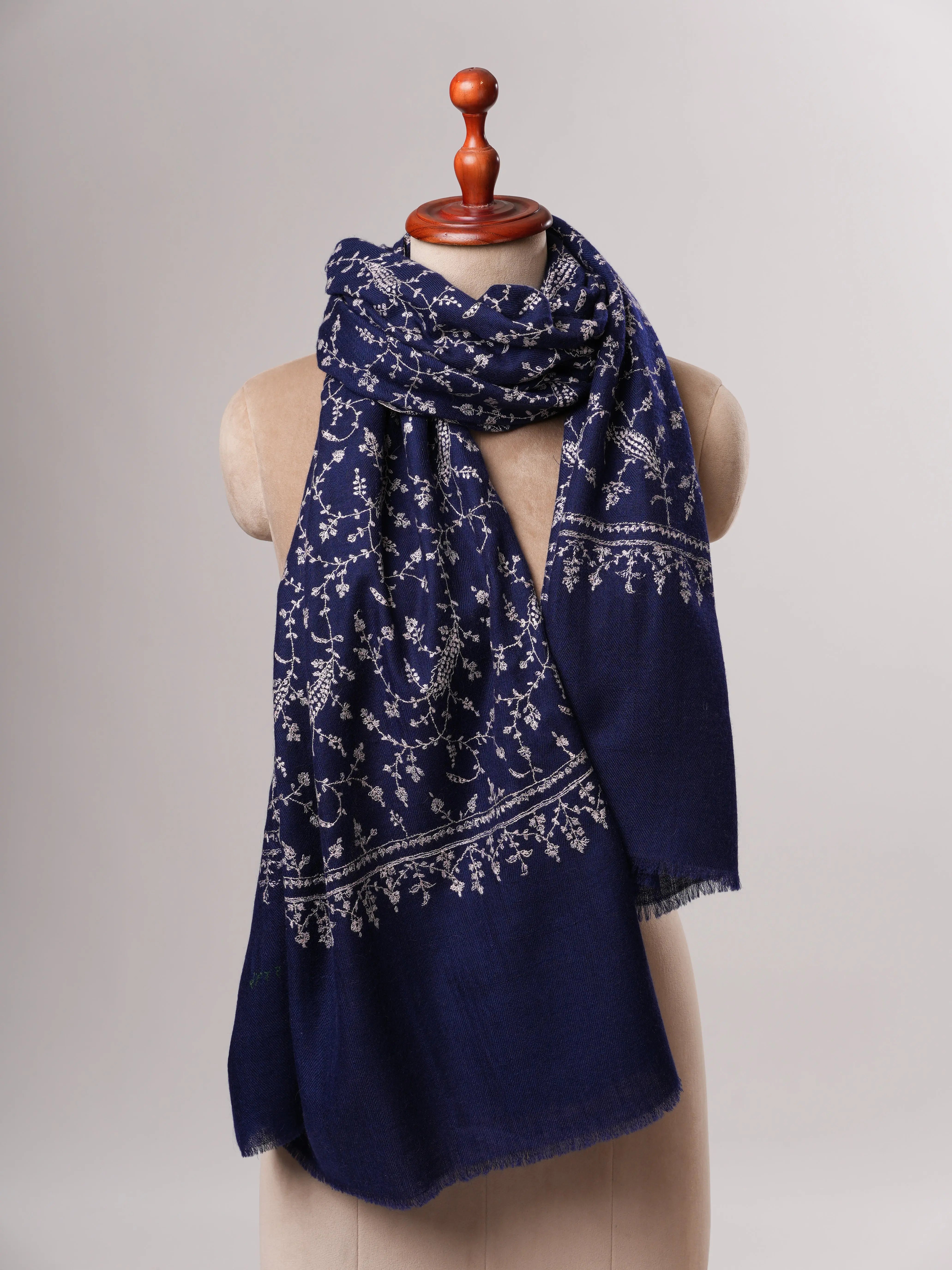 Soft Navy Blue Cashmere Scarf Featuring Intricate Jali Embroidery Shahkaar