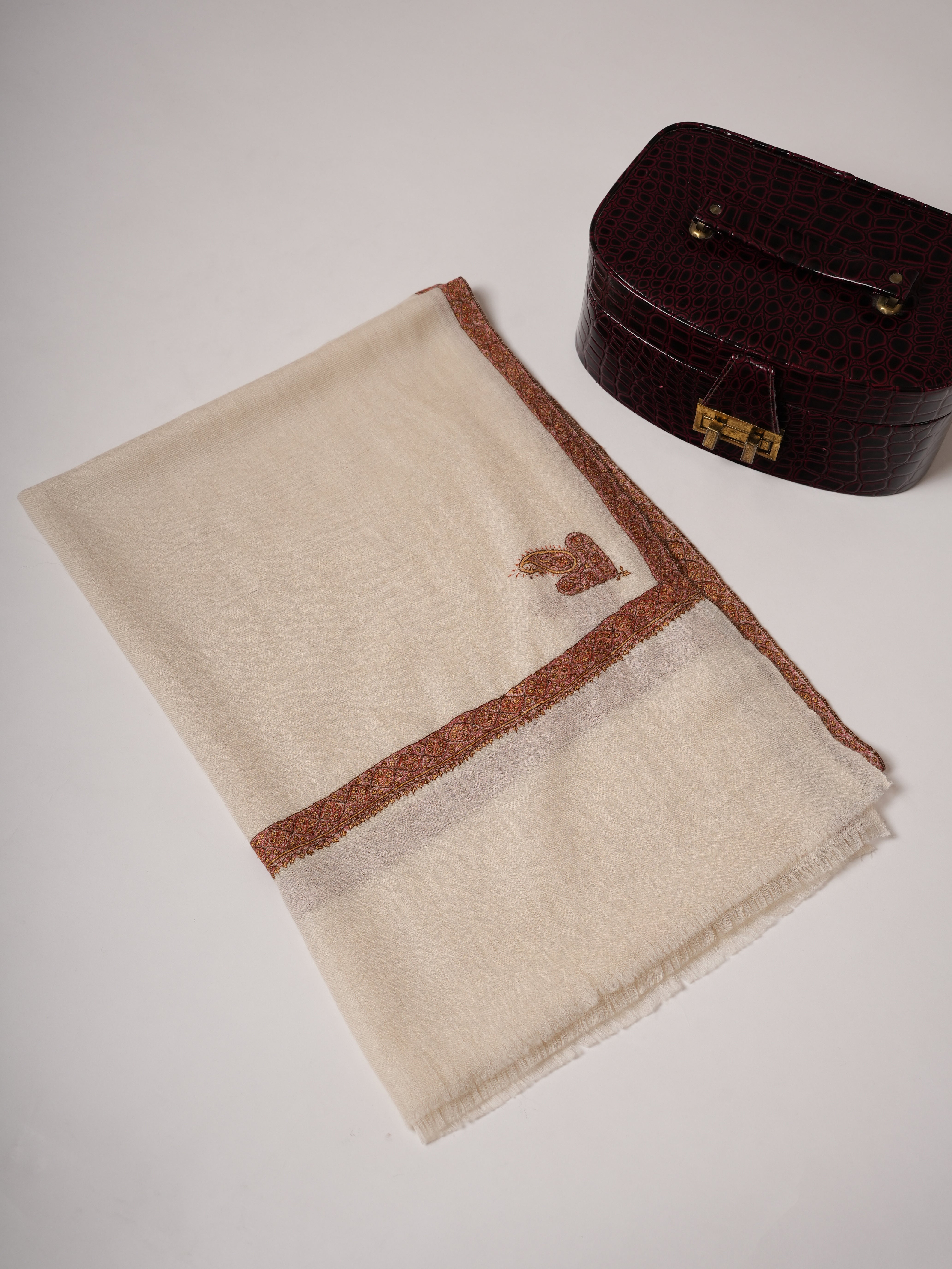 Natural White Cashmere Scarf with Hashia Hand Embroidery & Corner Paisley Shahkaar