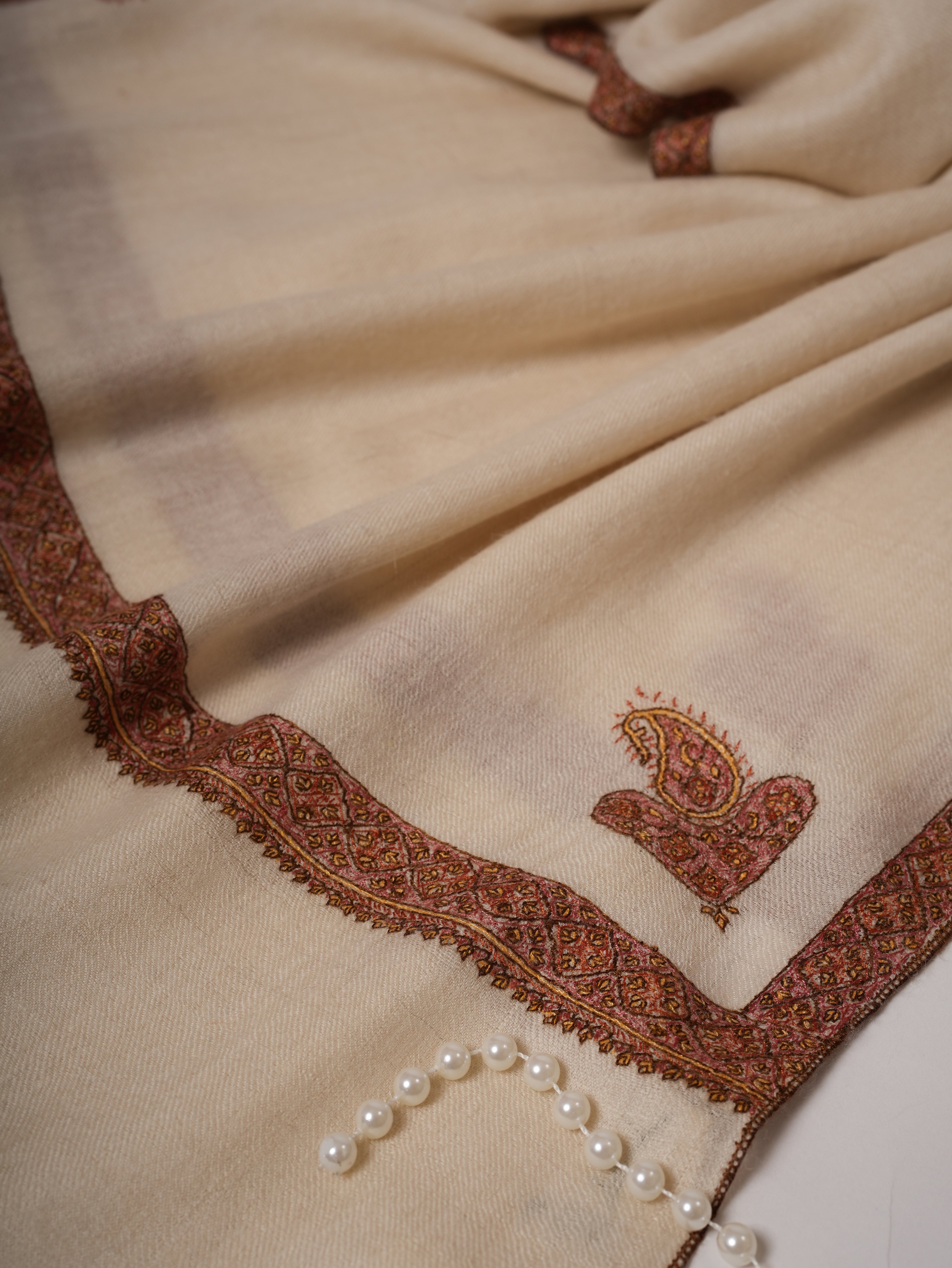 Natural White Cashmere Scarf with Hashia Hand Embroidery & Corner Paisley Shahkaar