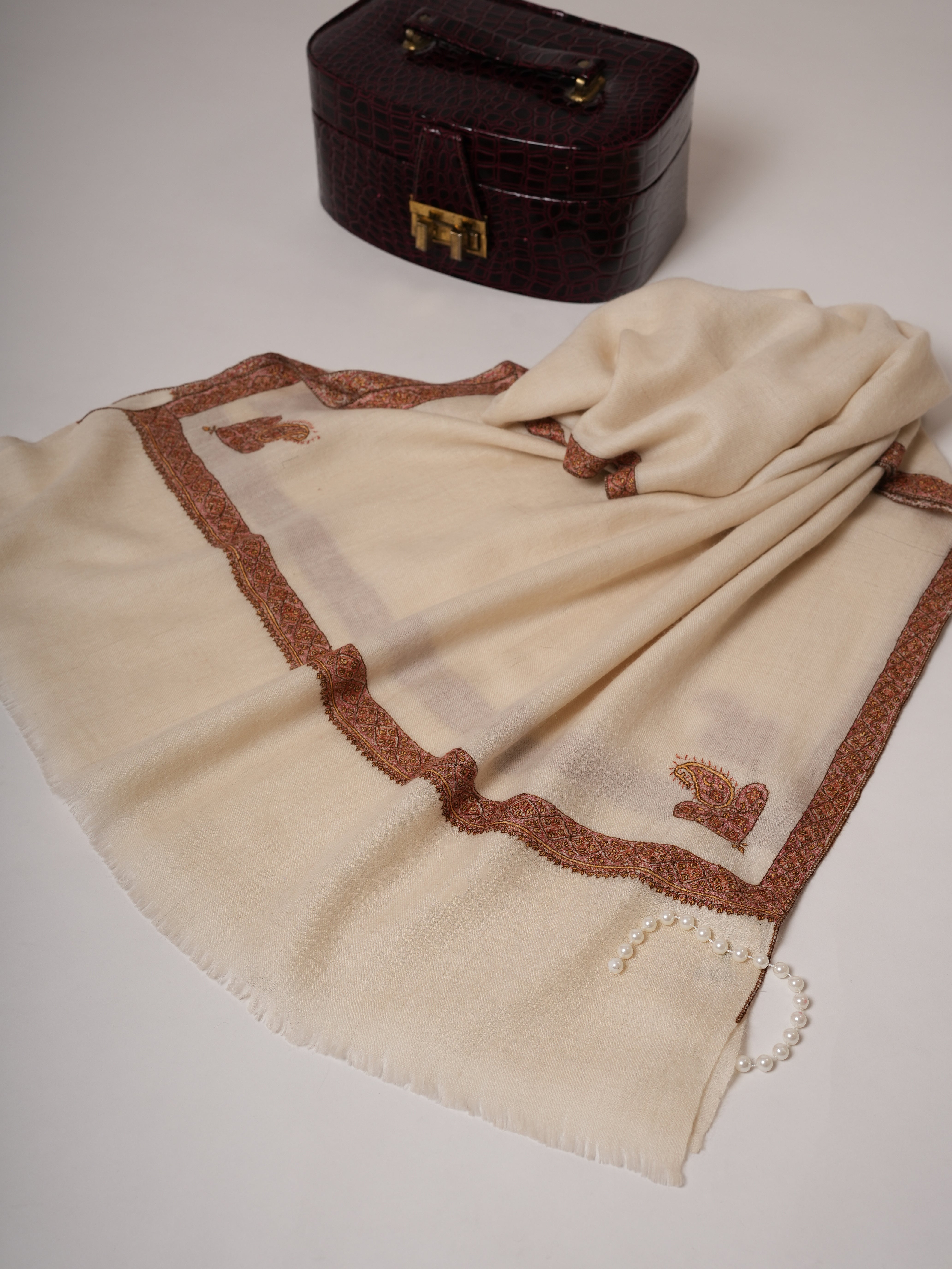 Natural White Cashmere Scarf with Hashia Hand Embroidery & Corner Paisley Shahkaar