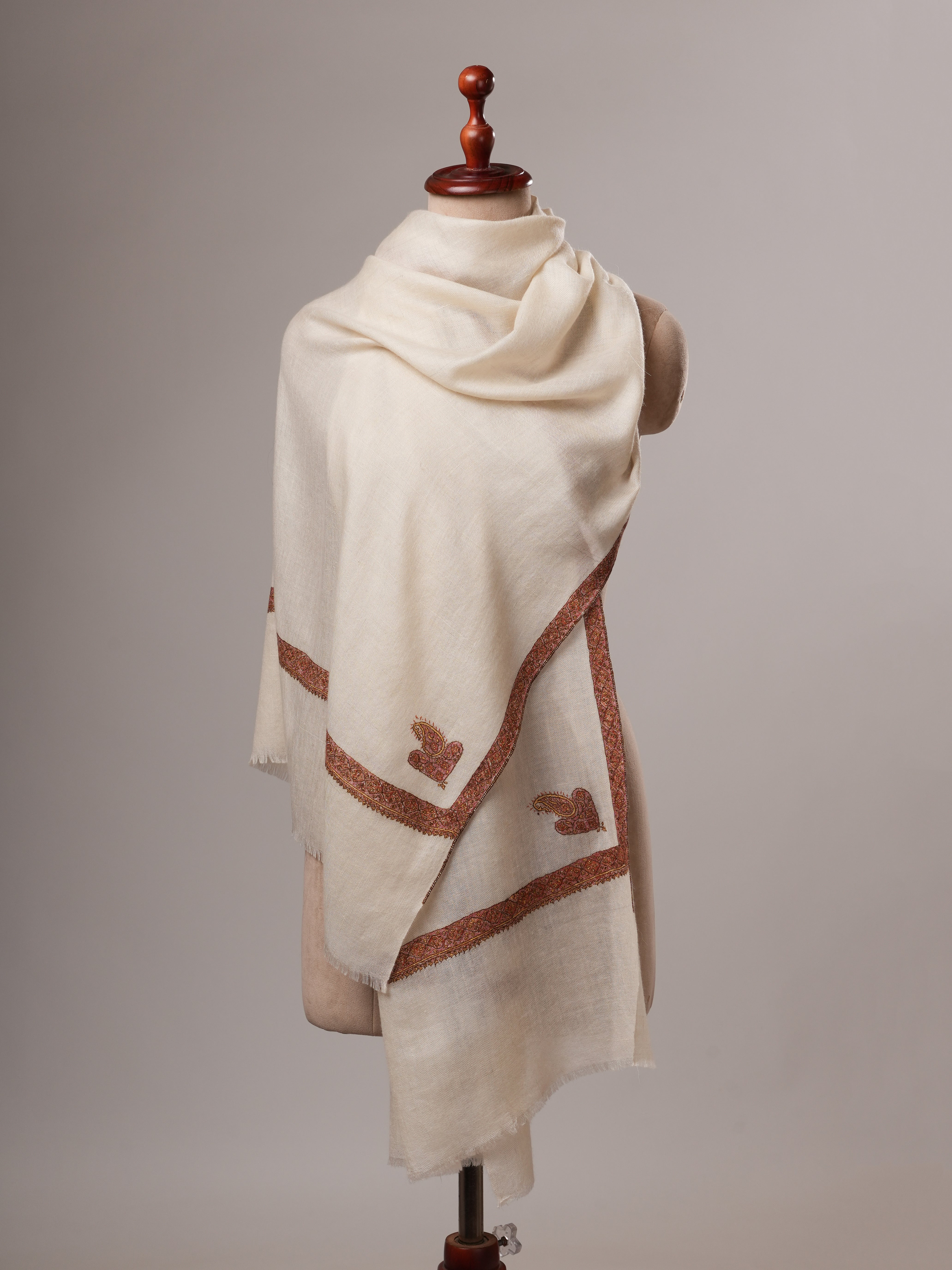 Natural White Cashmere Scarf with Hashia Hand Embroidery & Corner Paisley Shahkaar