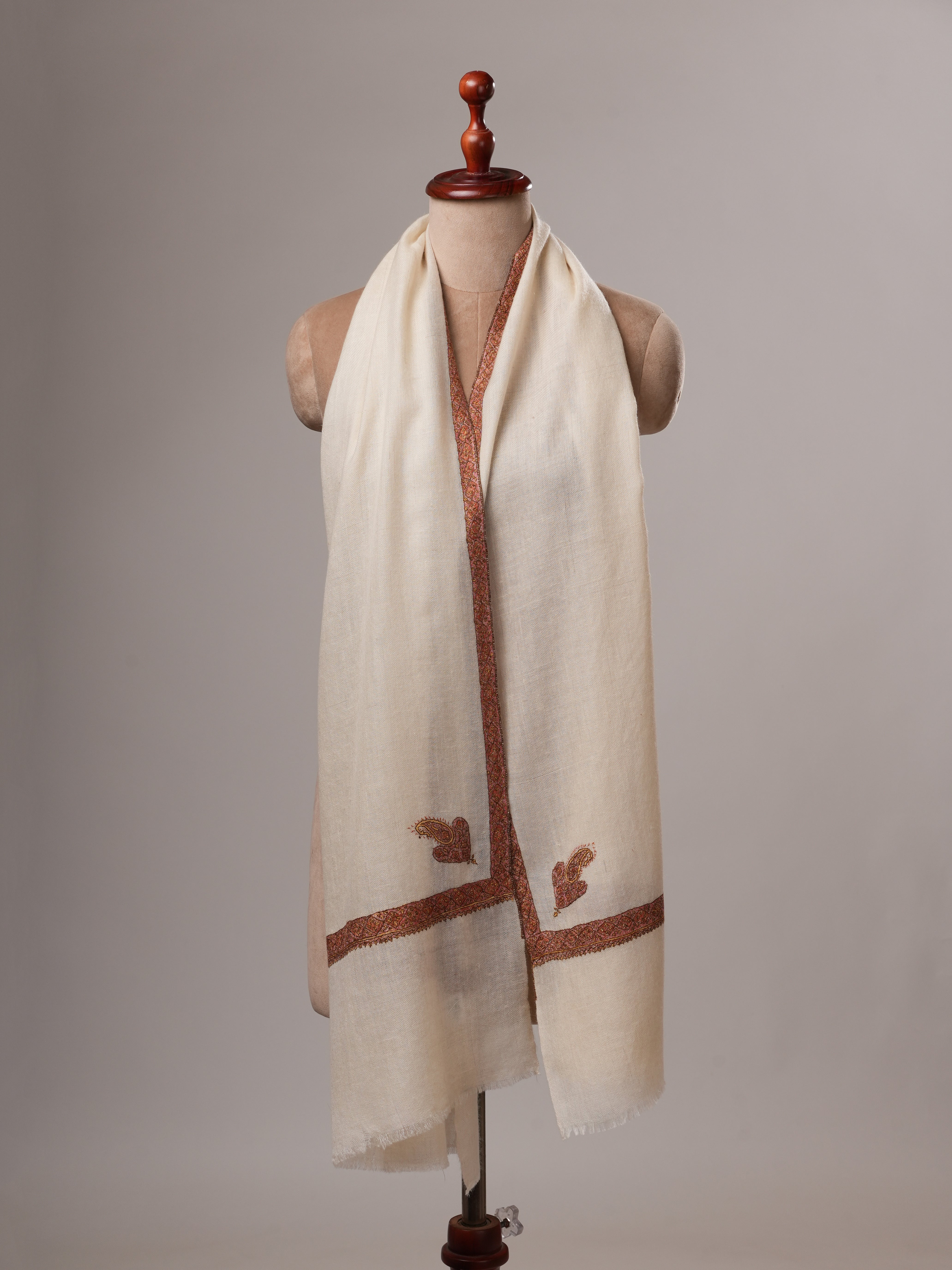 Natural White Cashmere Scarf with Hashia Hand Embroidery & Corner Paisley Shahkaar
