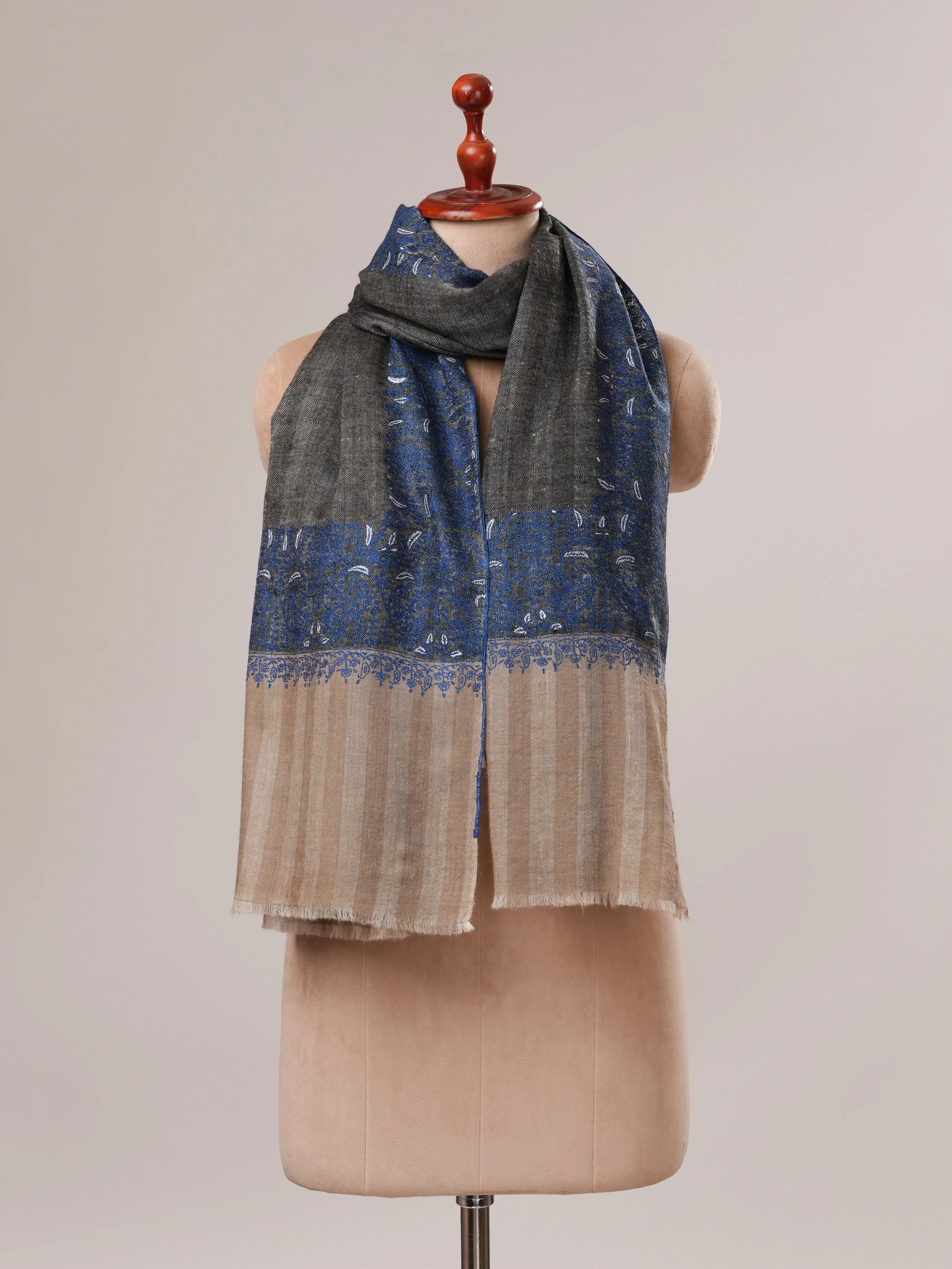 Striped Pashmina Shawl with Daurdar Sozni Embroidery Shahkaar.com