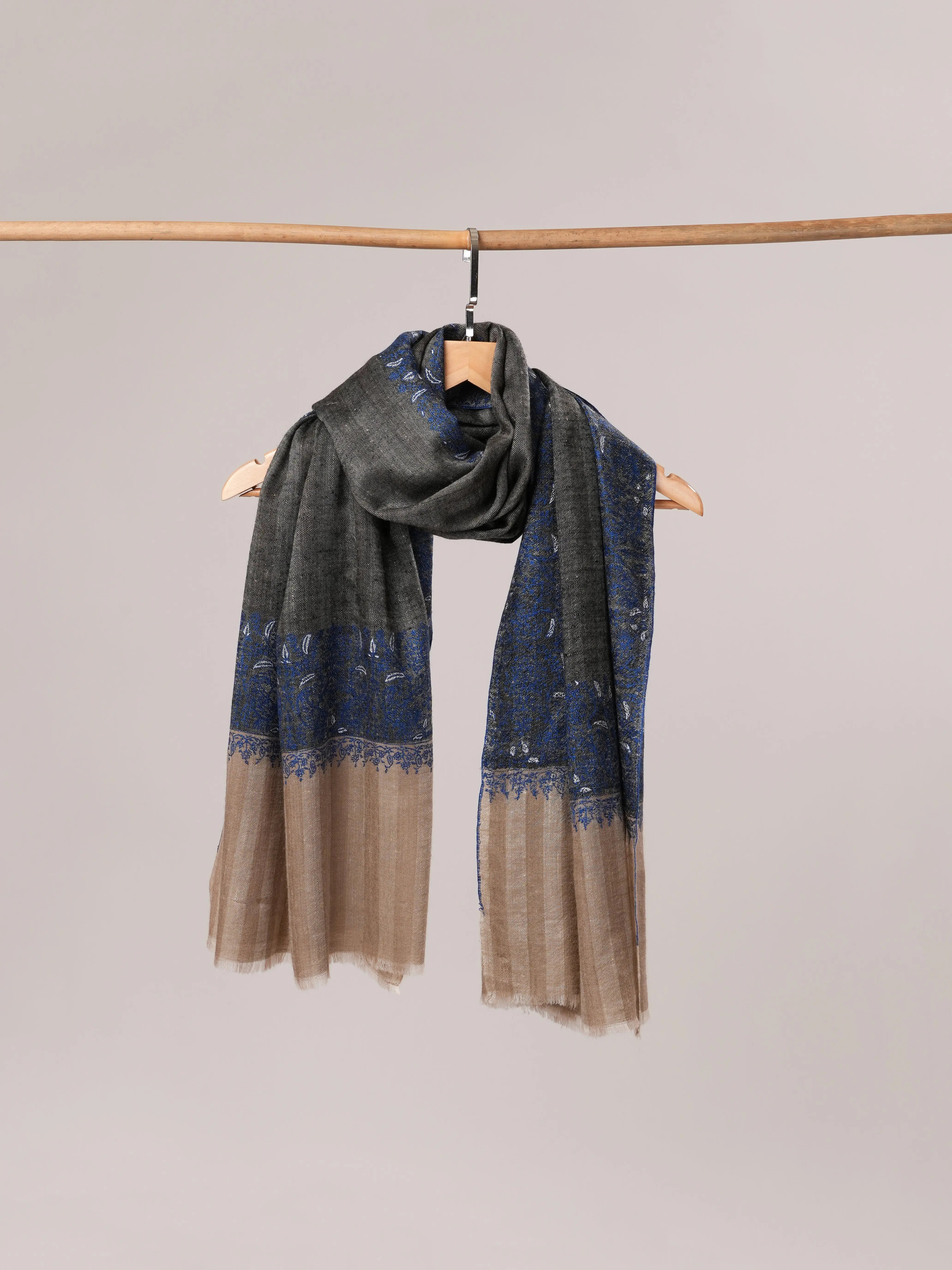 Striped Pashmina Shawl with Daurdar Sozni Embroidery Shahkaar.com