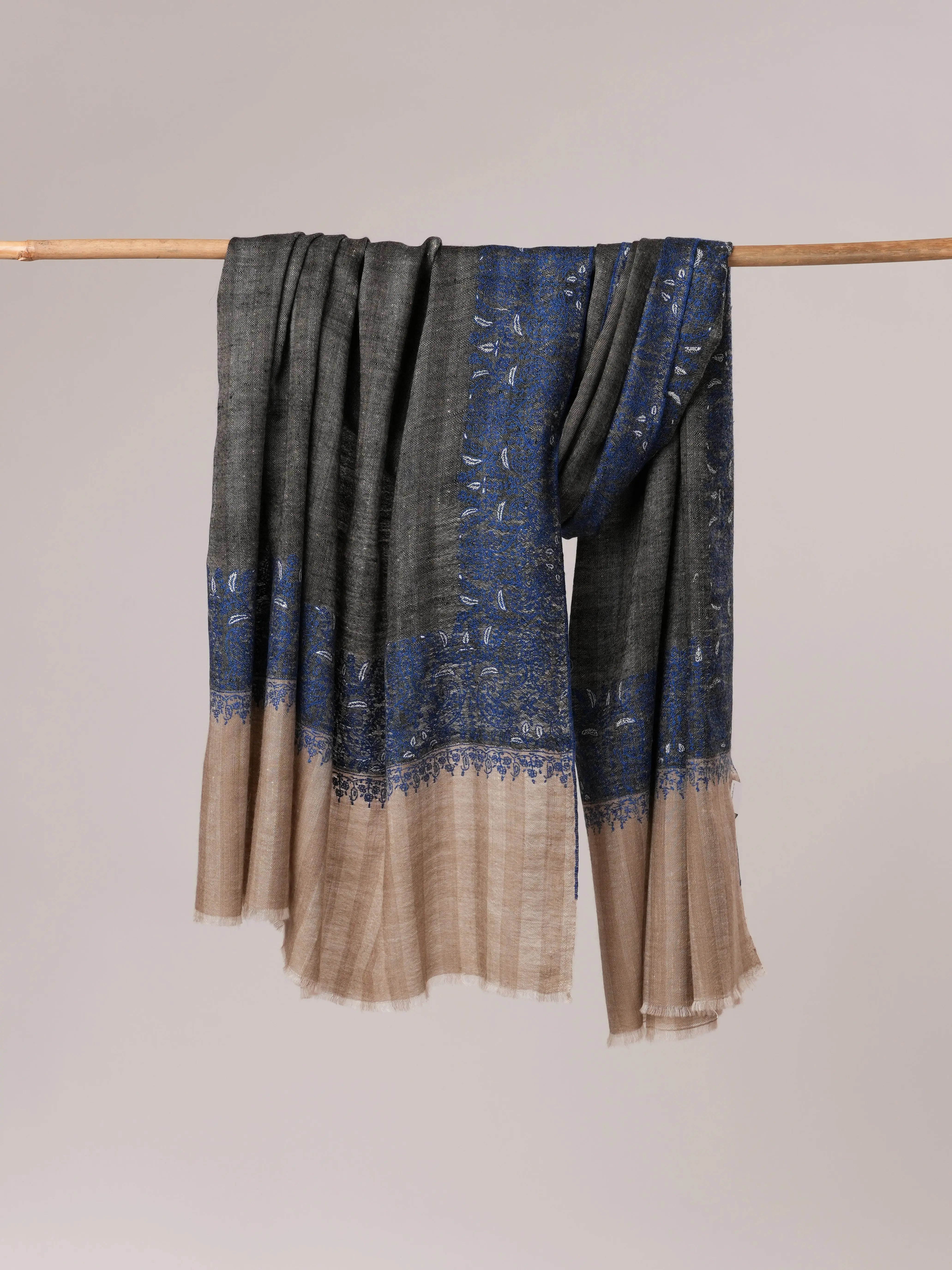 Striped Pashmina Shawl with Daurdar Sozni Embroidery Shahkaar.com