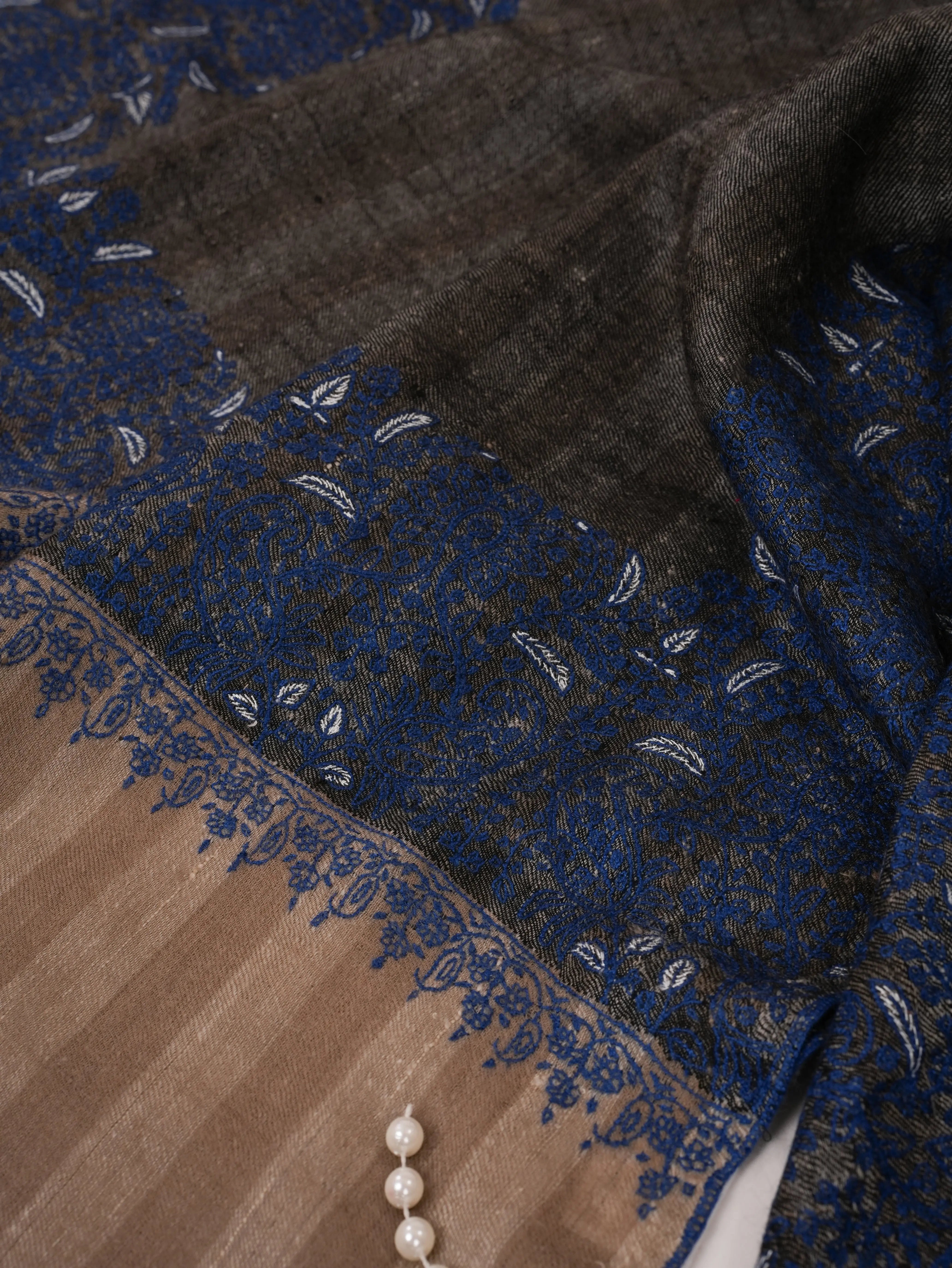 Striped Pashmina Shawl with Daurdar Sozni Embroidery Shahkaar.com
