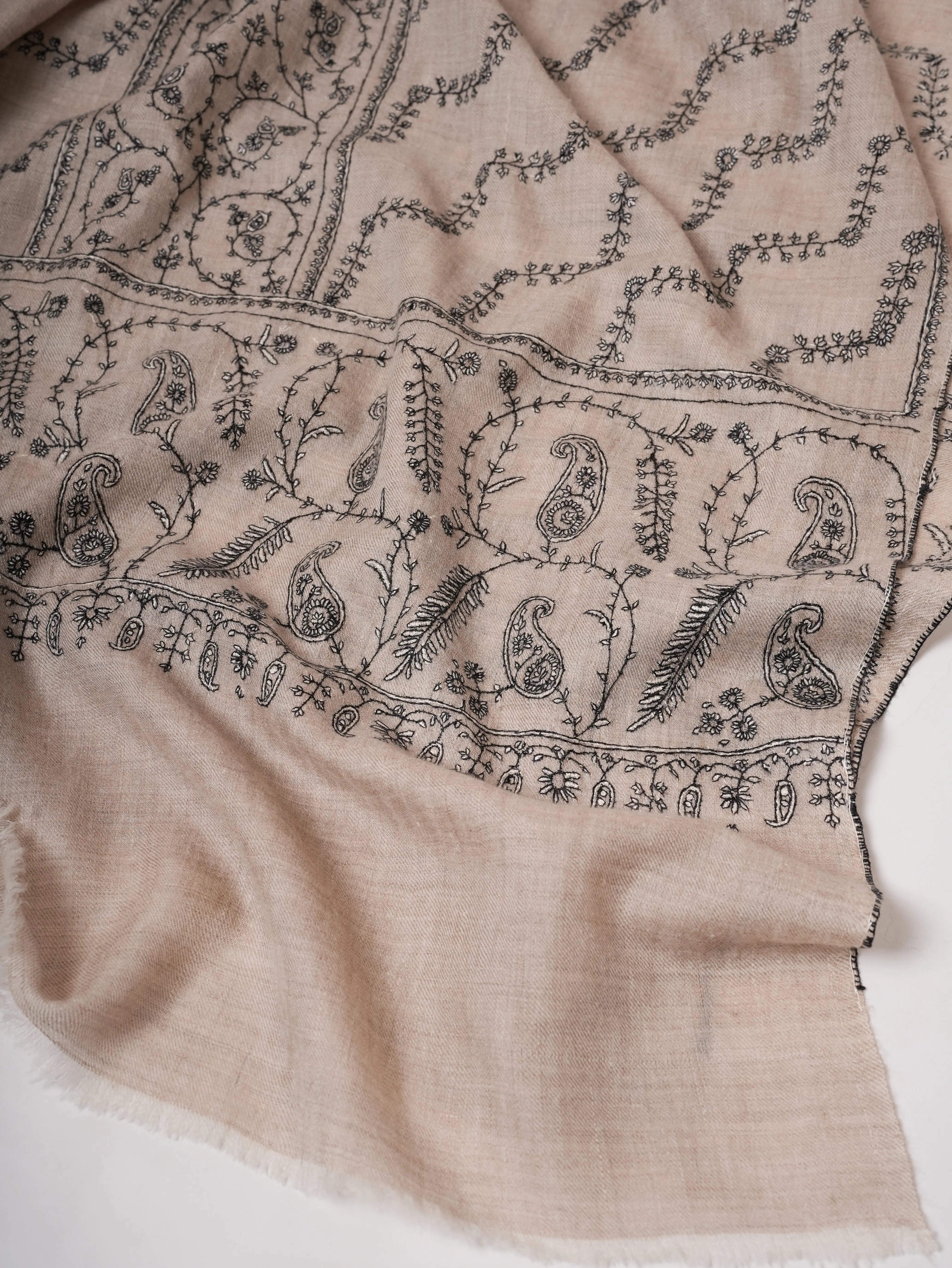 Soft Grey Cashmere Scarf Featuring Intricate Sozni Handwork Shahkaar