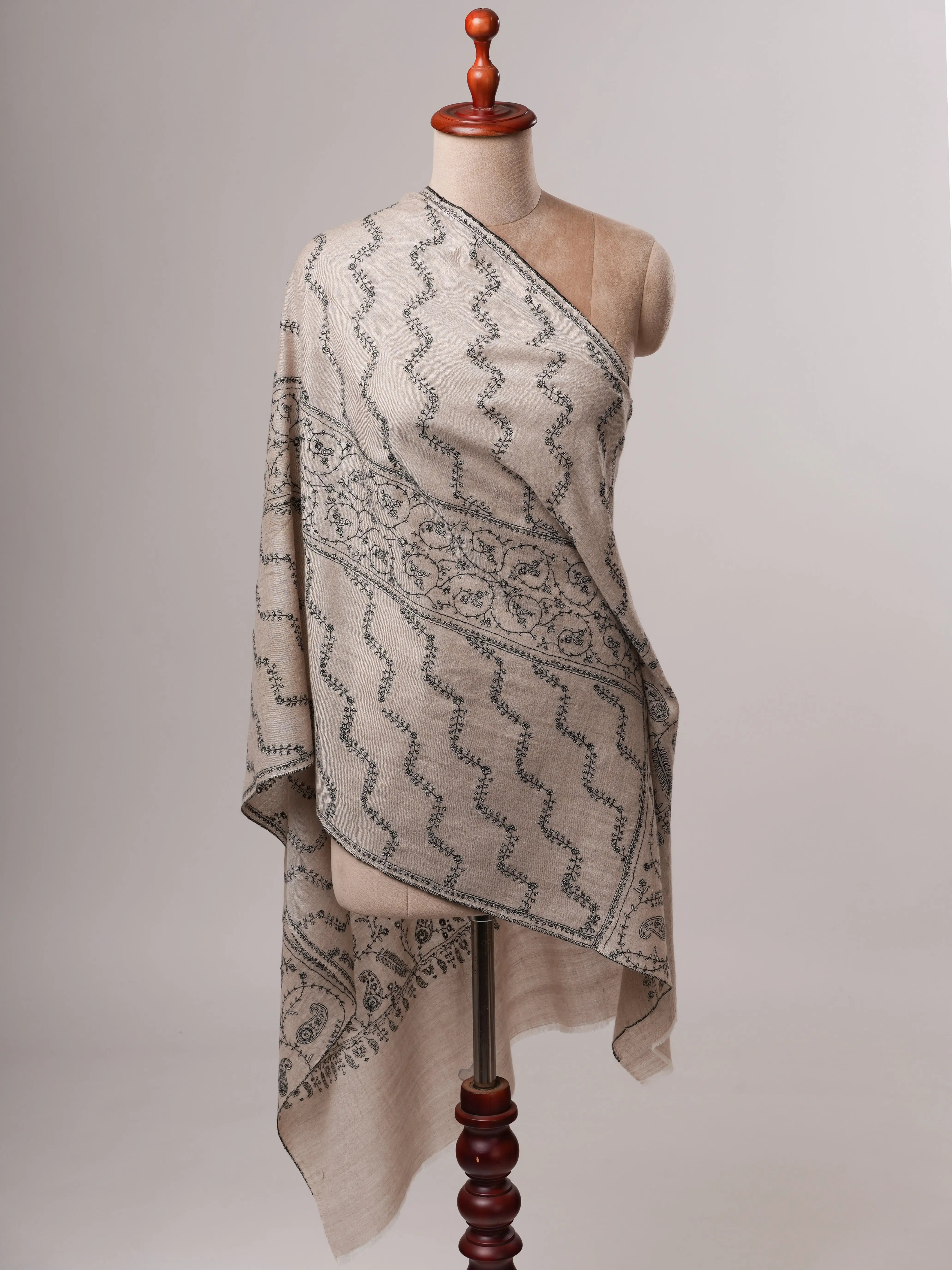 Soft Grey Cashmere Scarf Featuring Intricate Sozni Handwork Shahkaar