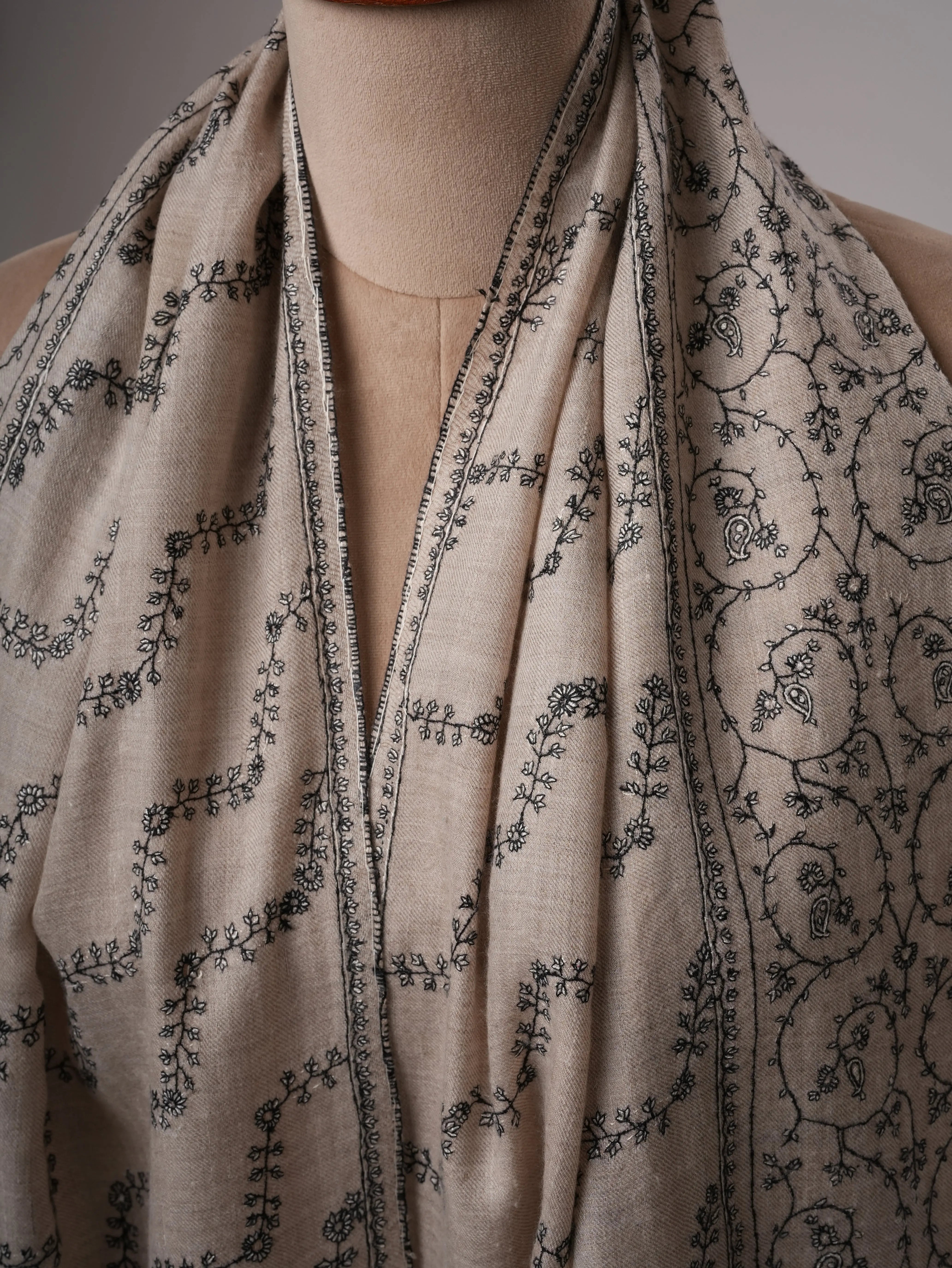 Soft Grey Cashmere Scarf Featuring Intricate Sozni Handwork Shahkaar