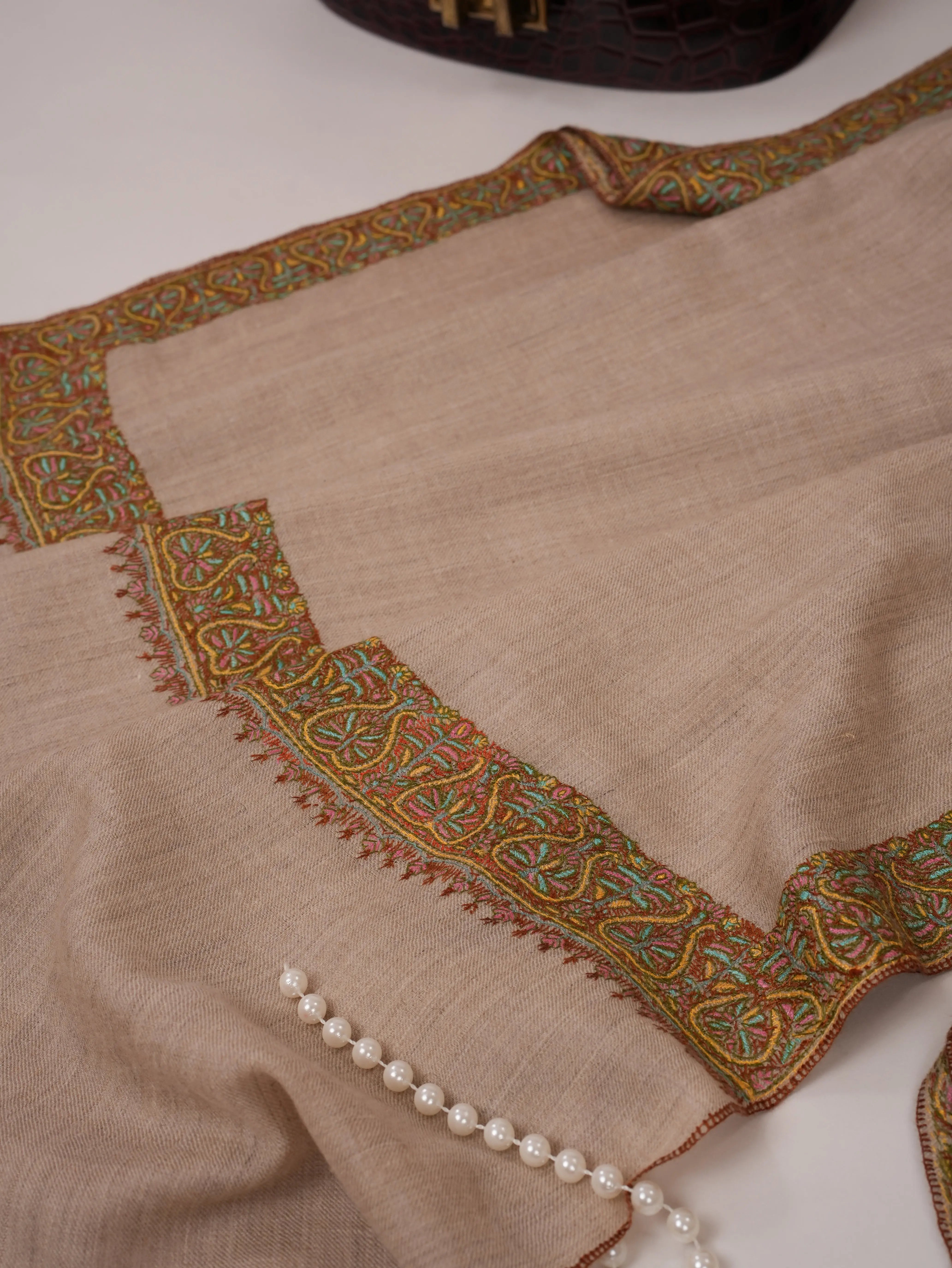 Natural Grey Neemdaur Hand Embroidered Pashmina Shawl Shahkaar.com