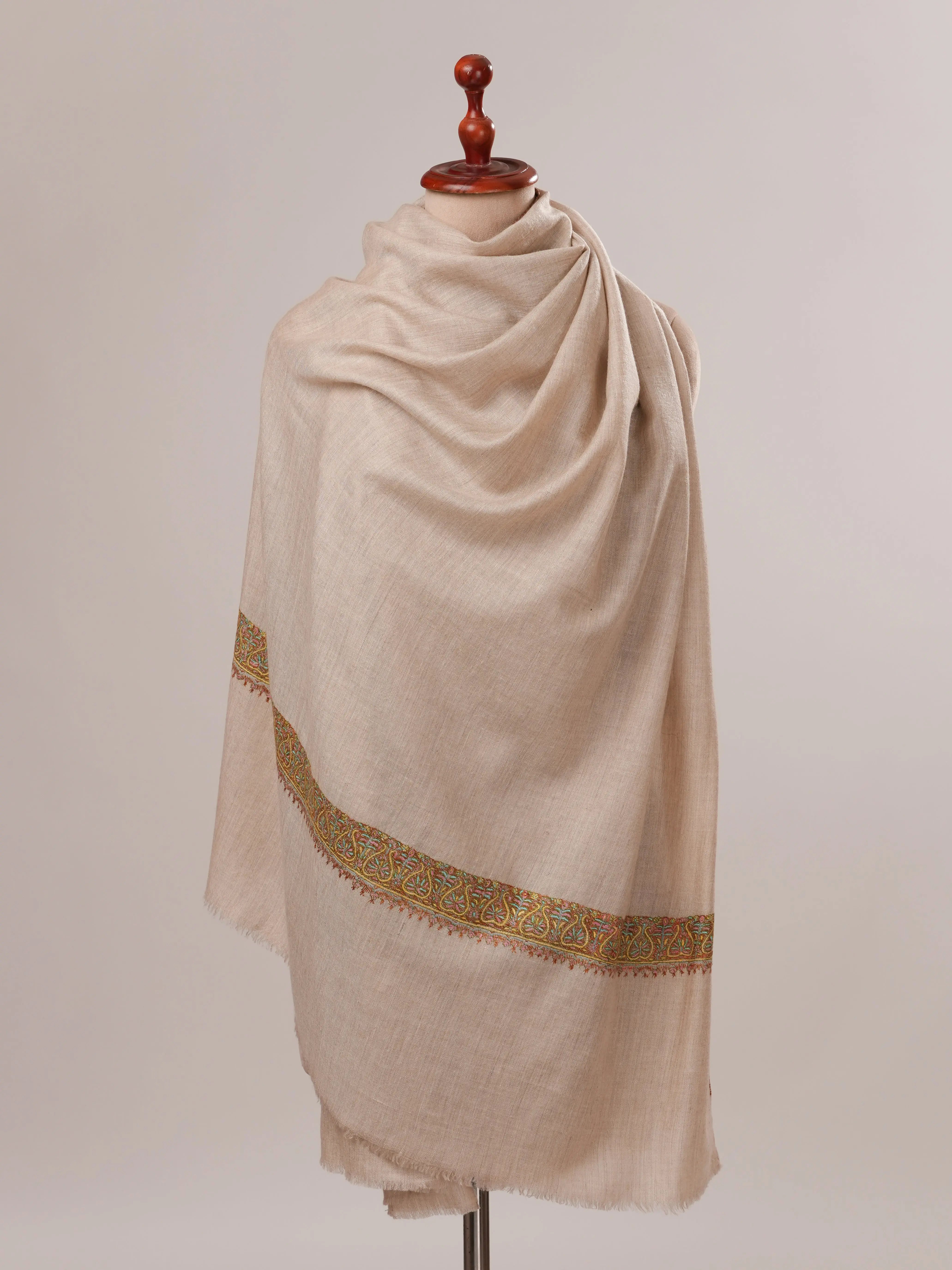 Natural Grey Neemdaur Hand Embroidered Pashmina Shawl Shahkaar.com