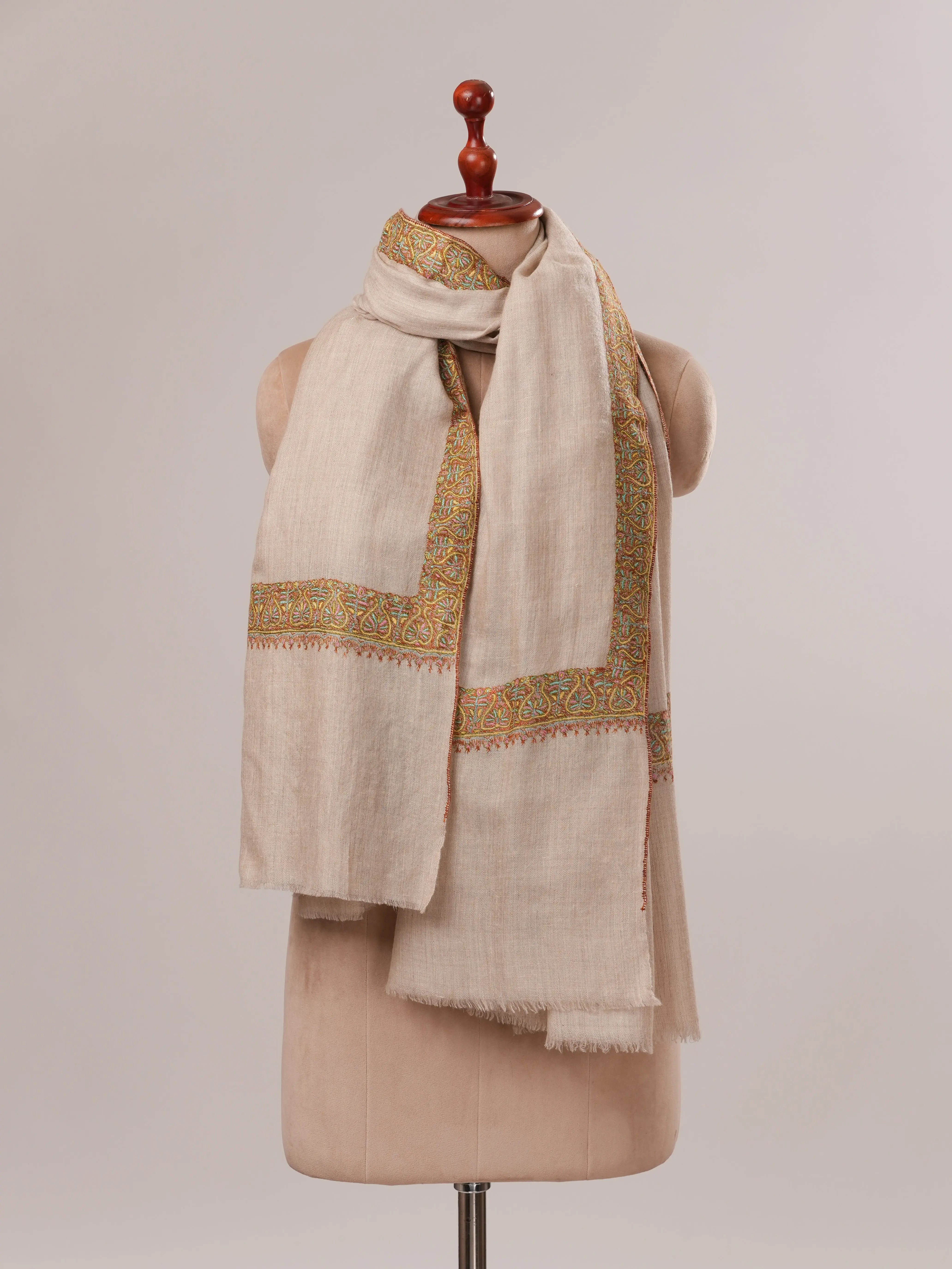 Natural Grey Neemdaur Hand Embroidered Pashmina Shawl Shahkaar.com