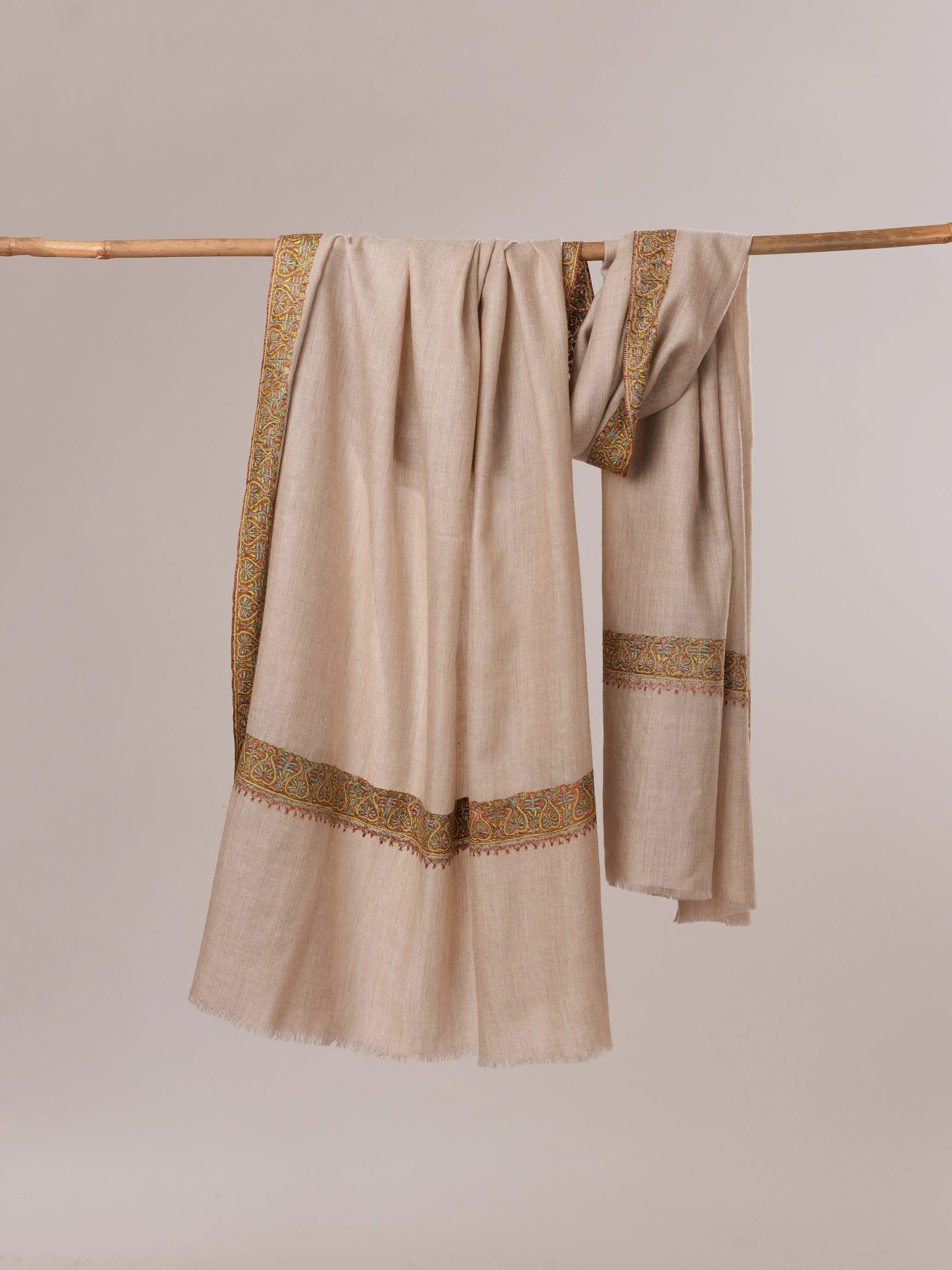 Natural Grey Neemdaur Hand Embroidered Pashmina Shawl Shahkaar.com