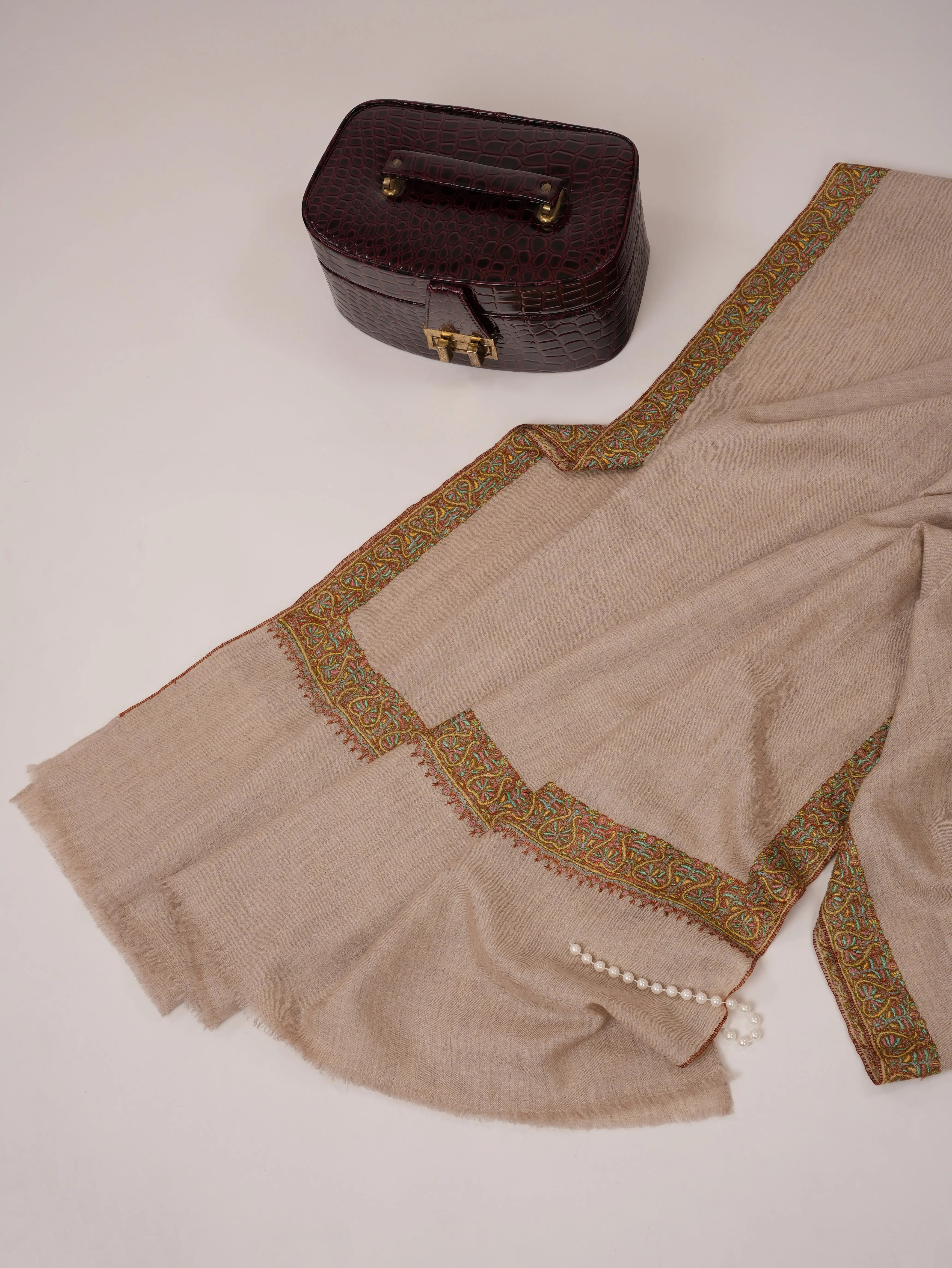 Natural Grey Neemdaur Hand Embroidered Pashmina Shawl Shahkaar.com