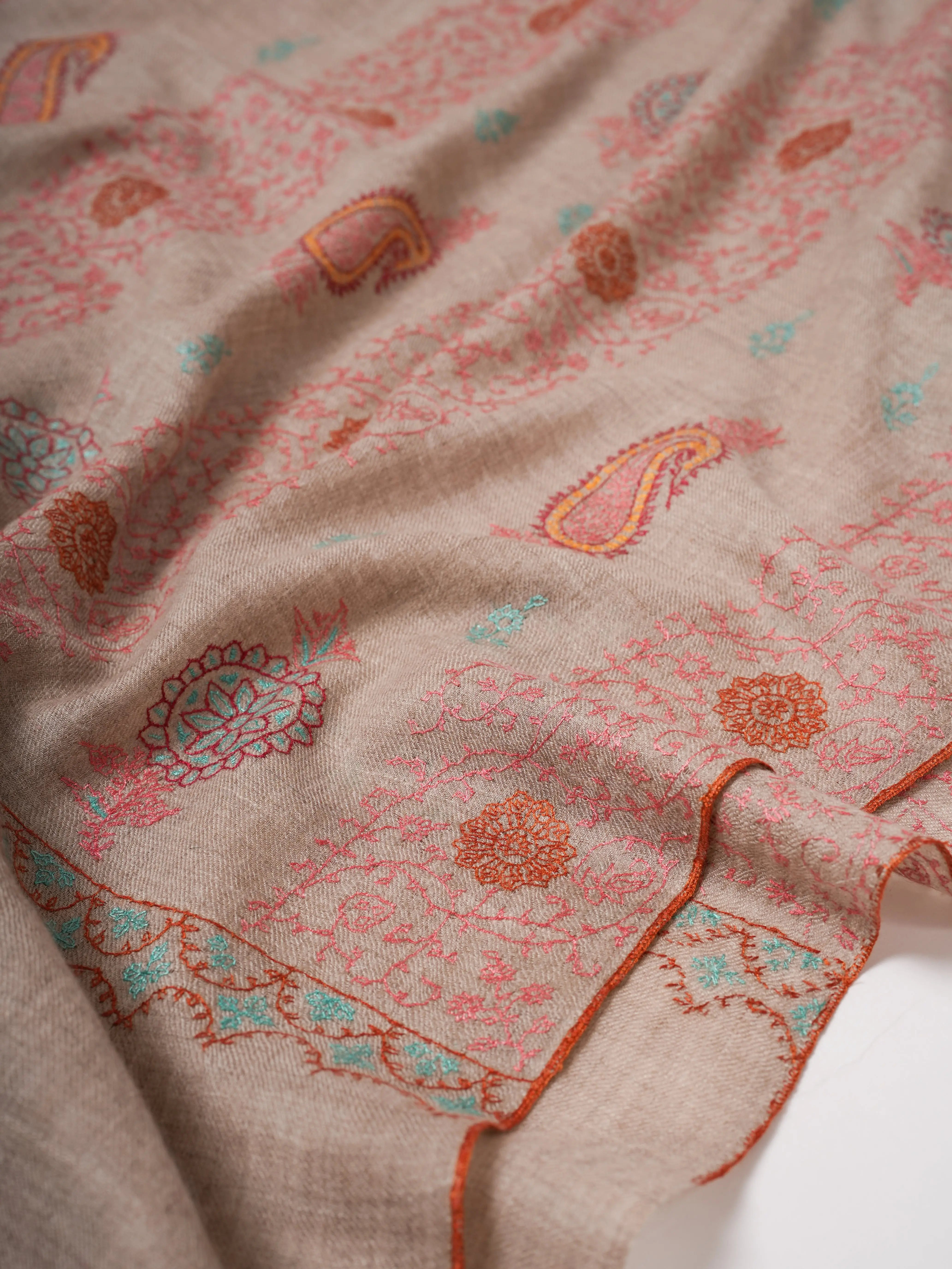 Soft Natural Grey Cashmere Scarf with Intricate Handwork Shahkaar