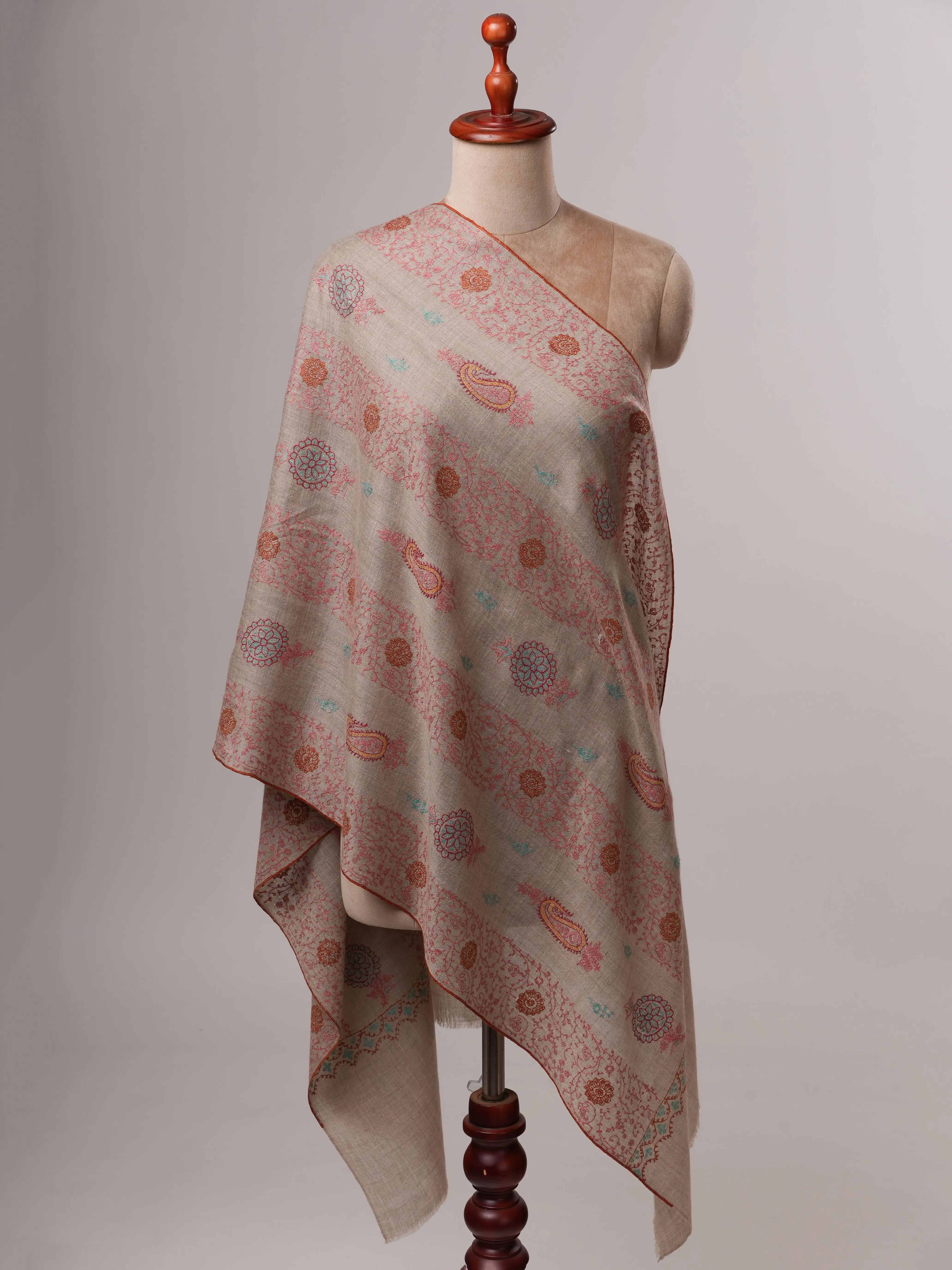 Soft Natural Grey Cashmere Scarf with Intricate Handwork Shahkaar