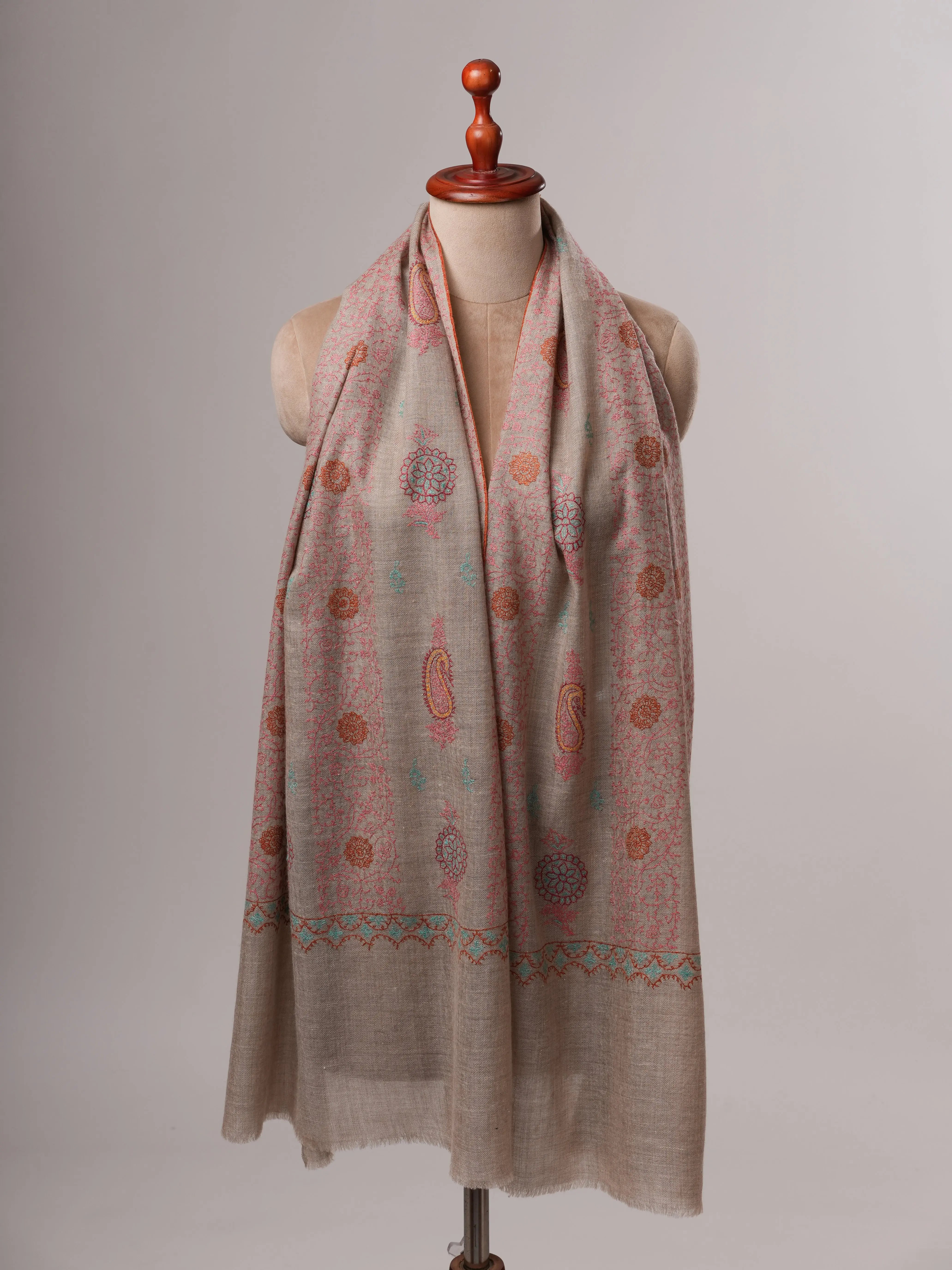 Soft Natural Grey Cashmere Scarf with Intricate Handwork Shahkaar