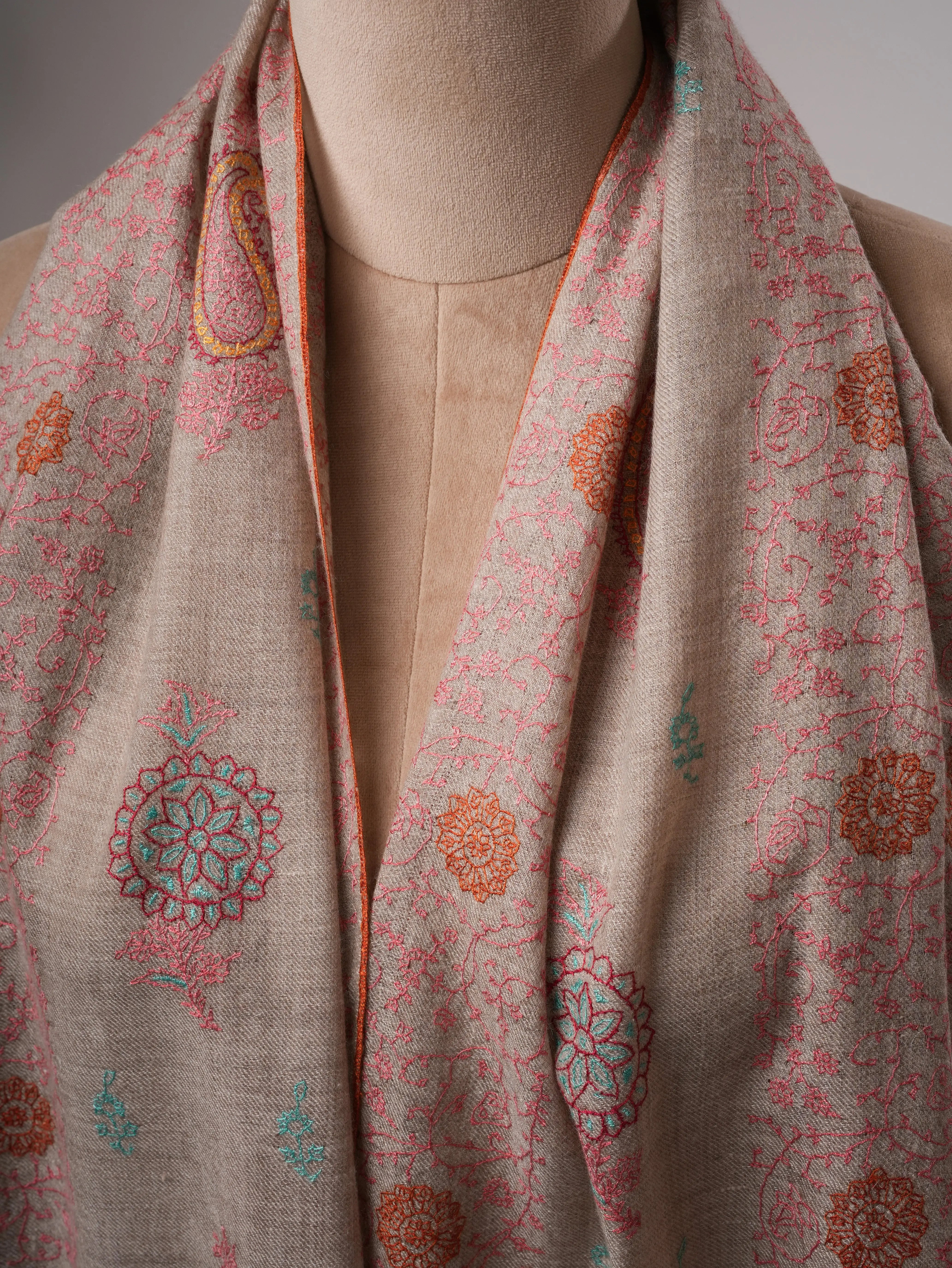 Soft Natural Grey Cashmere Scarf with Intricate Handwork Shahkaar