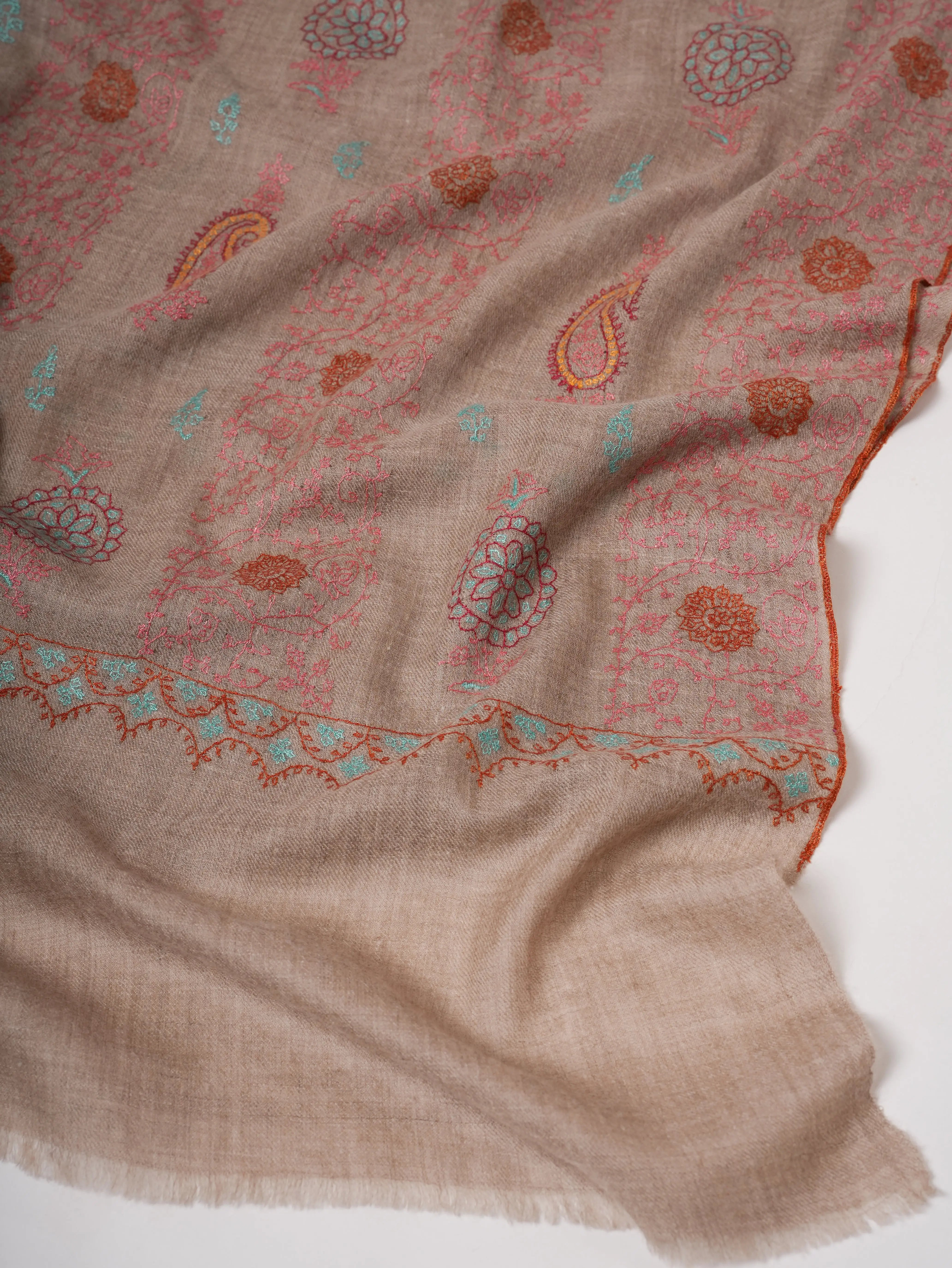 Soft Natural Grey Cashmere Scarf with Intricate Handwork Shahkaar