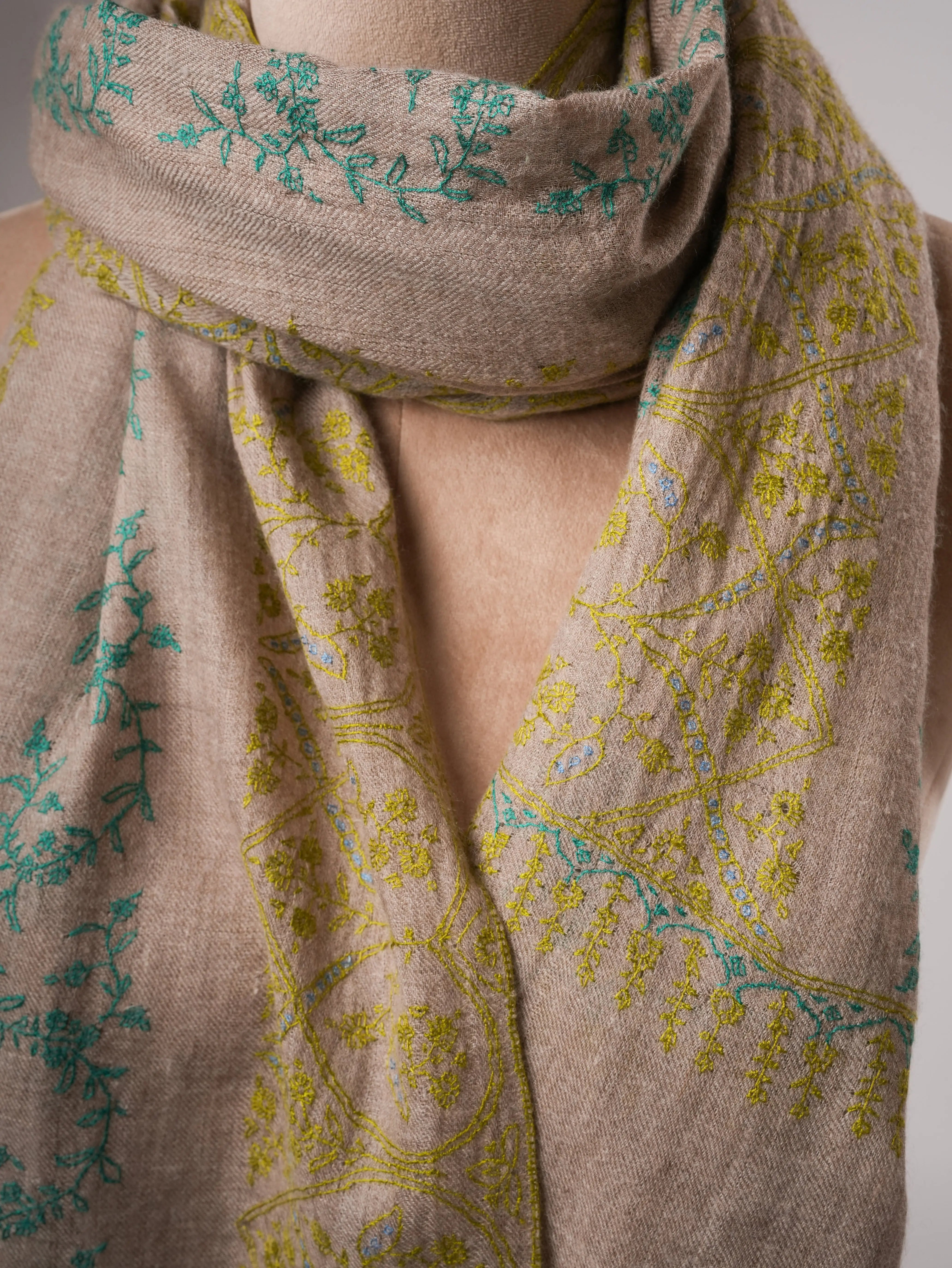 Natural Grey Baby Soft Cashmere Scarf with All-Over Embroidery Shahkaar