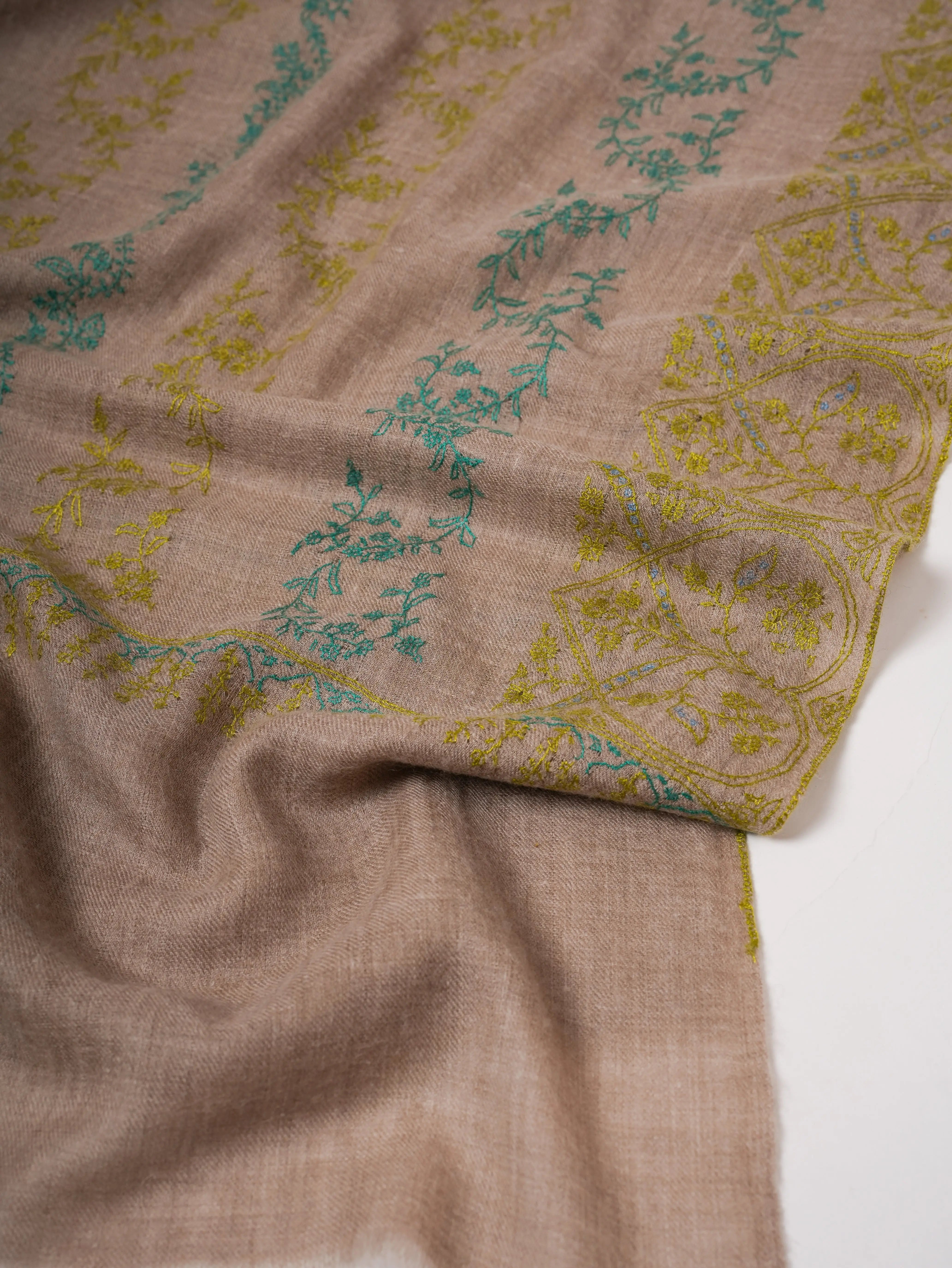 Natural Grey Baby Soft Cashmere Scarf with All-Over Embroidery Shahkaar