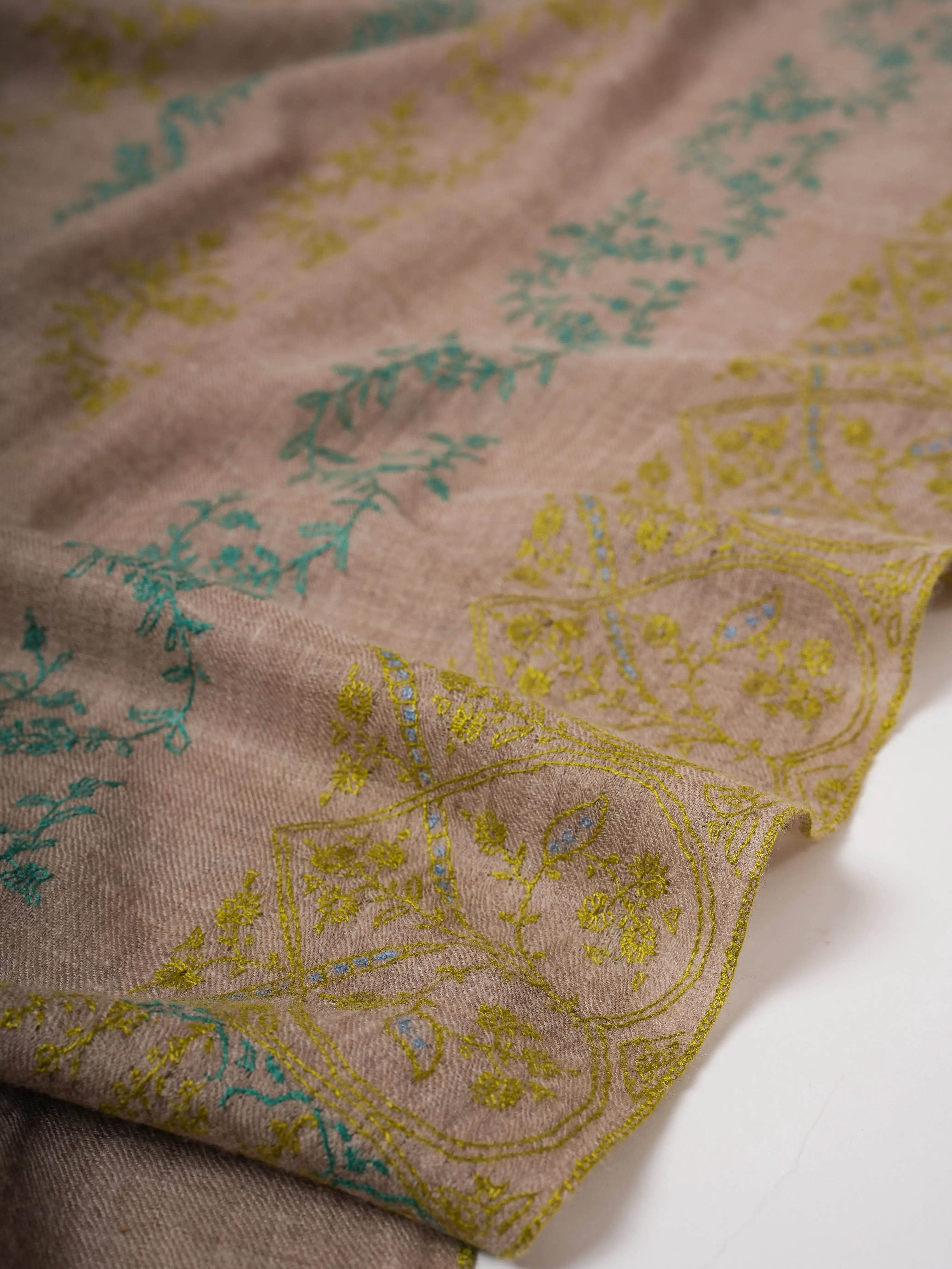 Natural Grey Baby Soft Cashmere Scarf with All-Over Embroidery Shahkaar