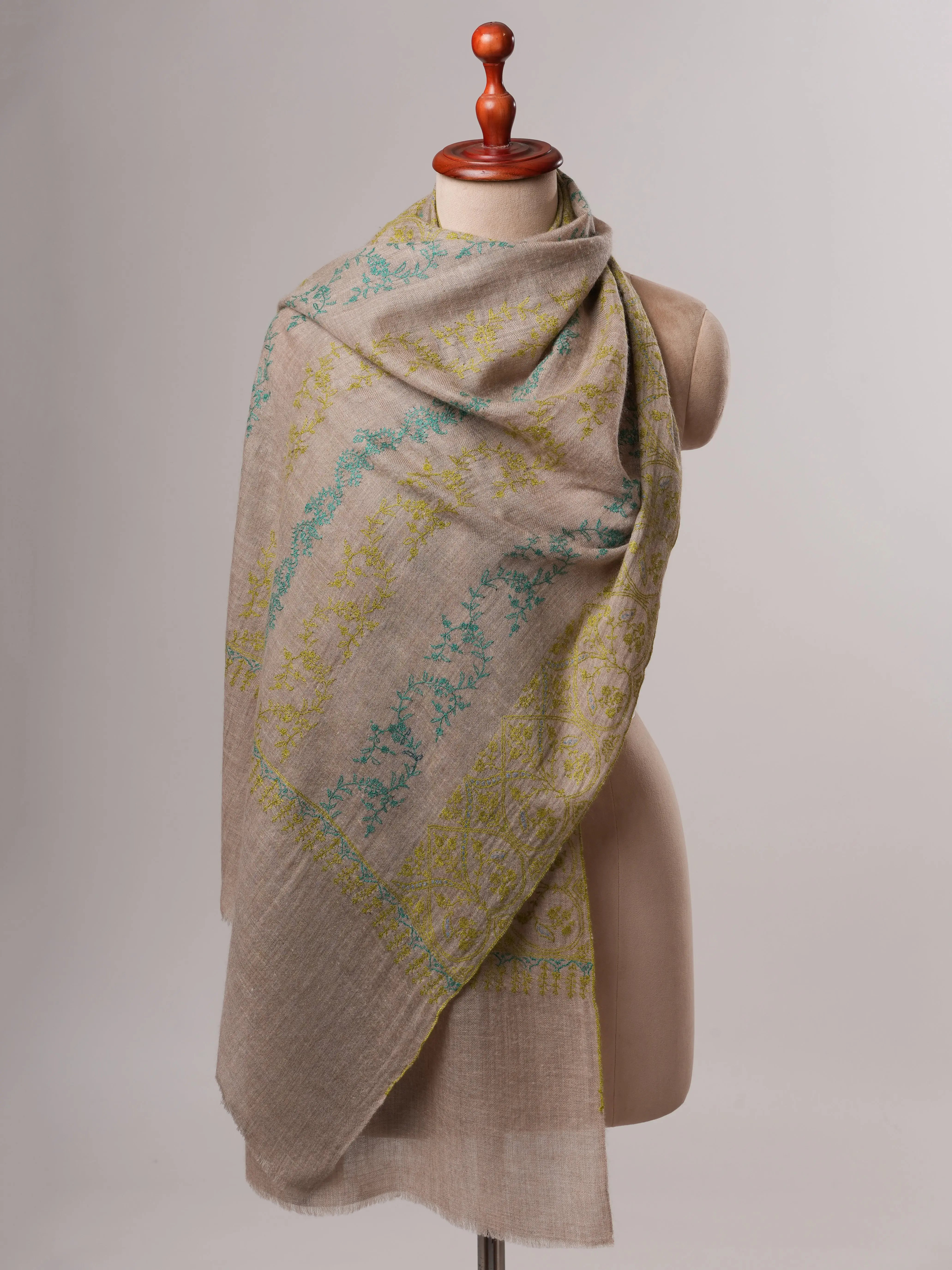 Natural Grey Baby Soft Cashmere Scarf with All-Over Embroidery Shahkaar