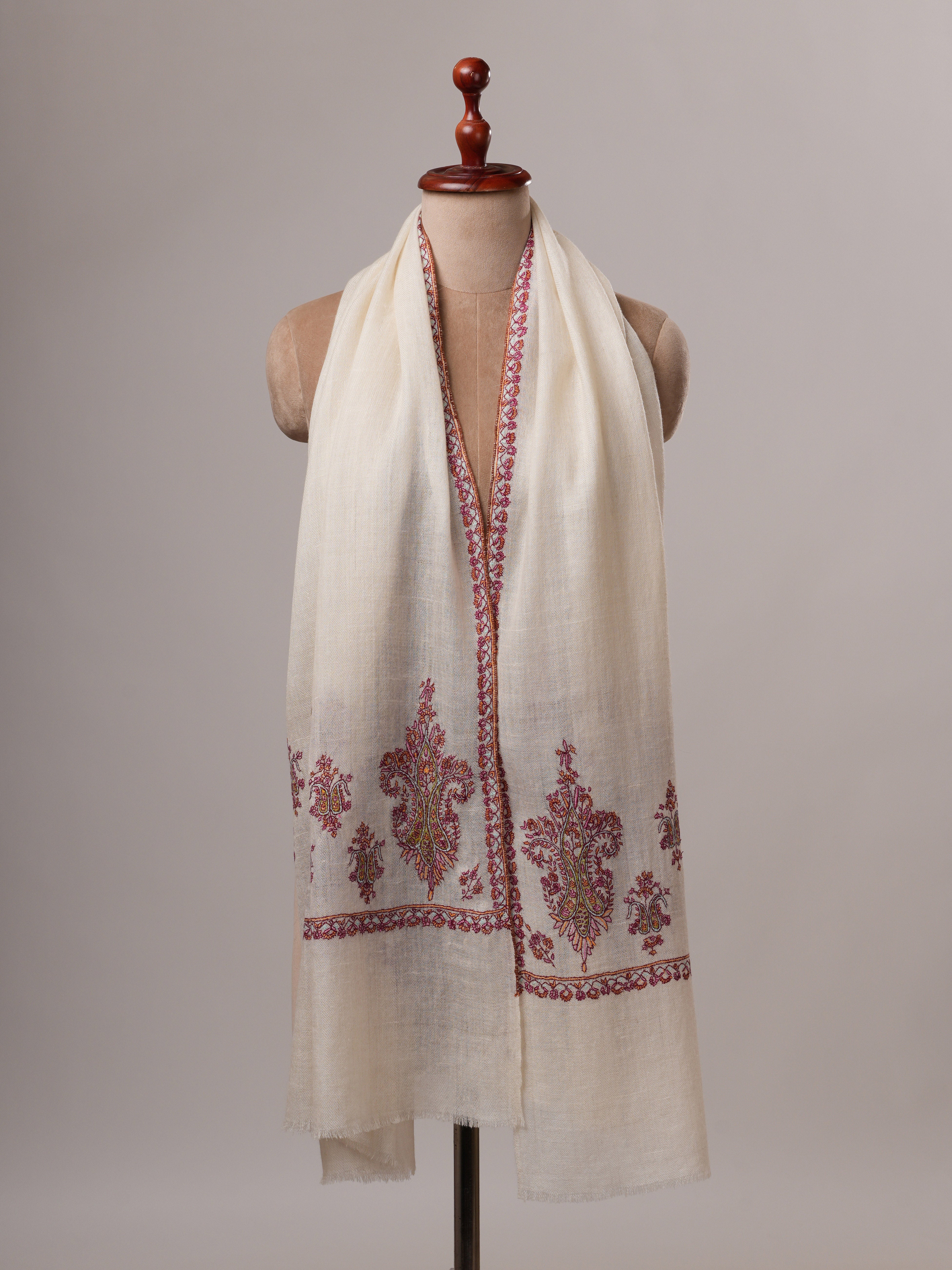 Natural White Hand Embroidered Baby Soft Cashmere Scarf Shahkaar
