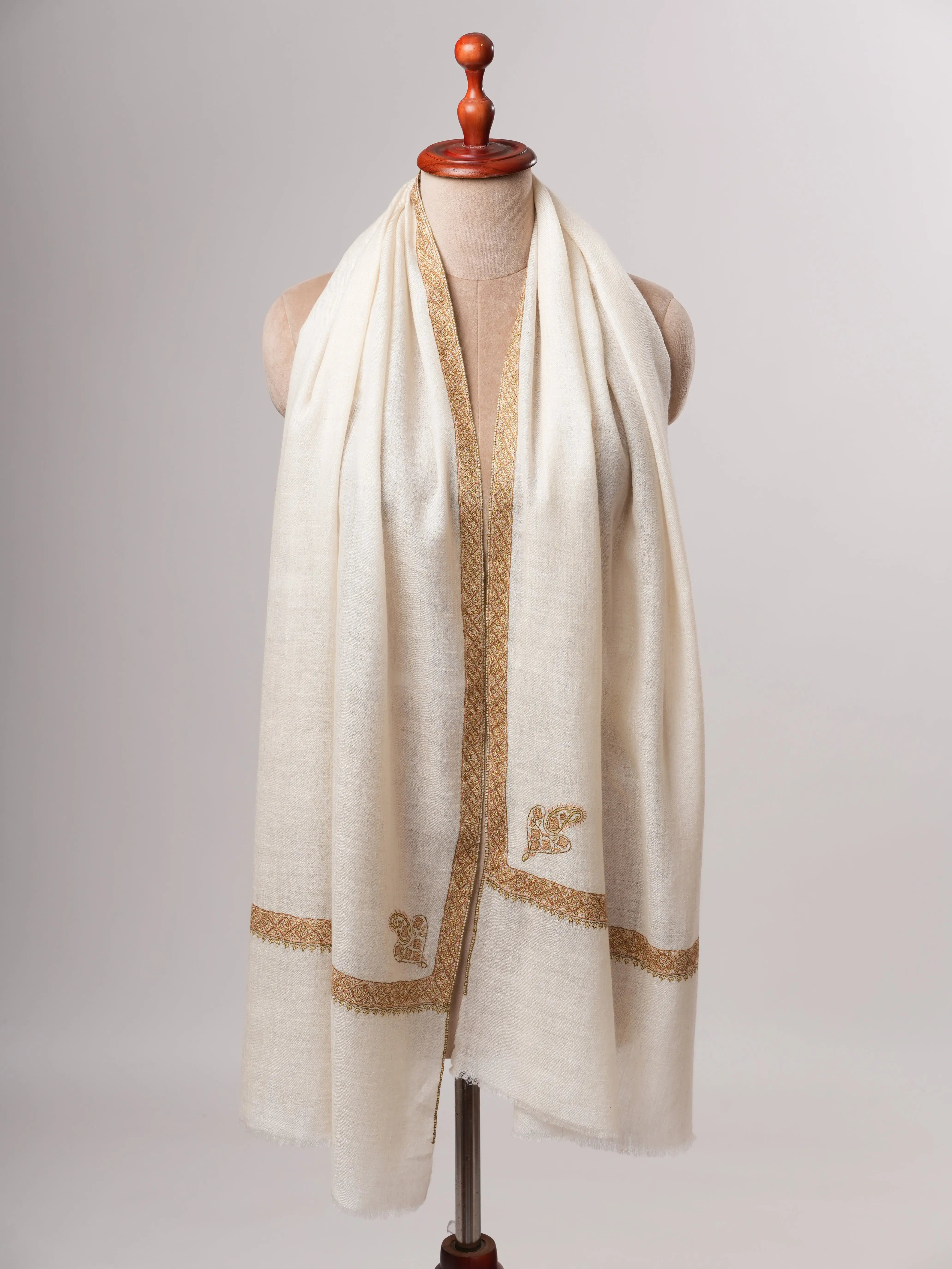Featherlight Ivory Cashmere Scarf Featuring Traditional Hashia Embroidery Shahkaar