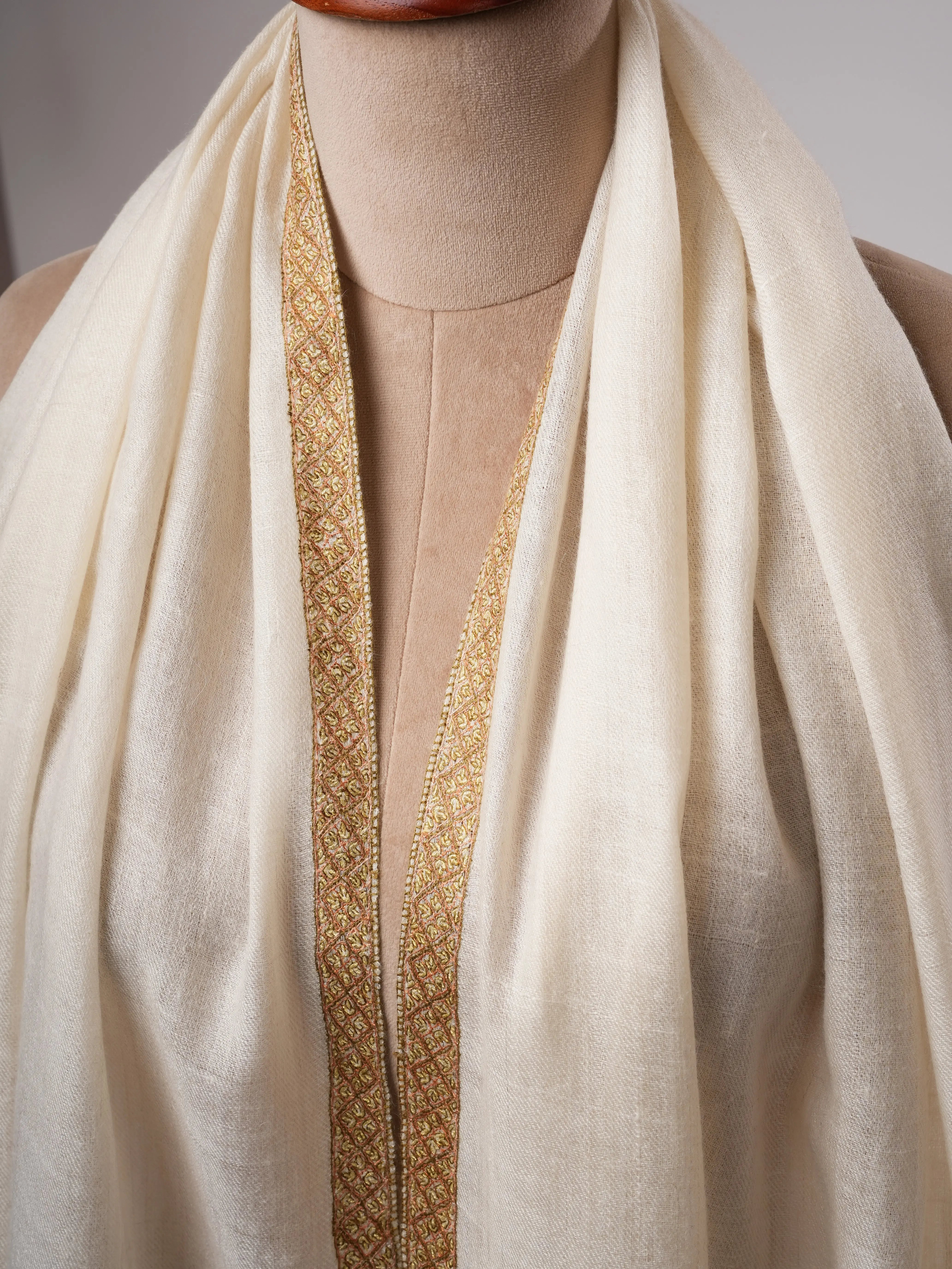 Featherlight Ivory Cashmere Scarf Featuring Traditional Hashia Embroidery Shahkaar