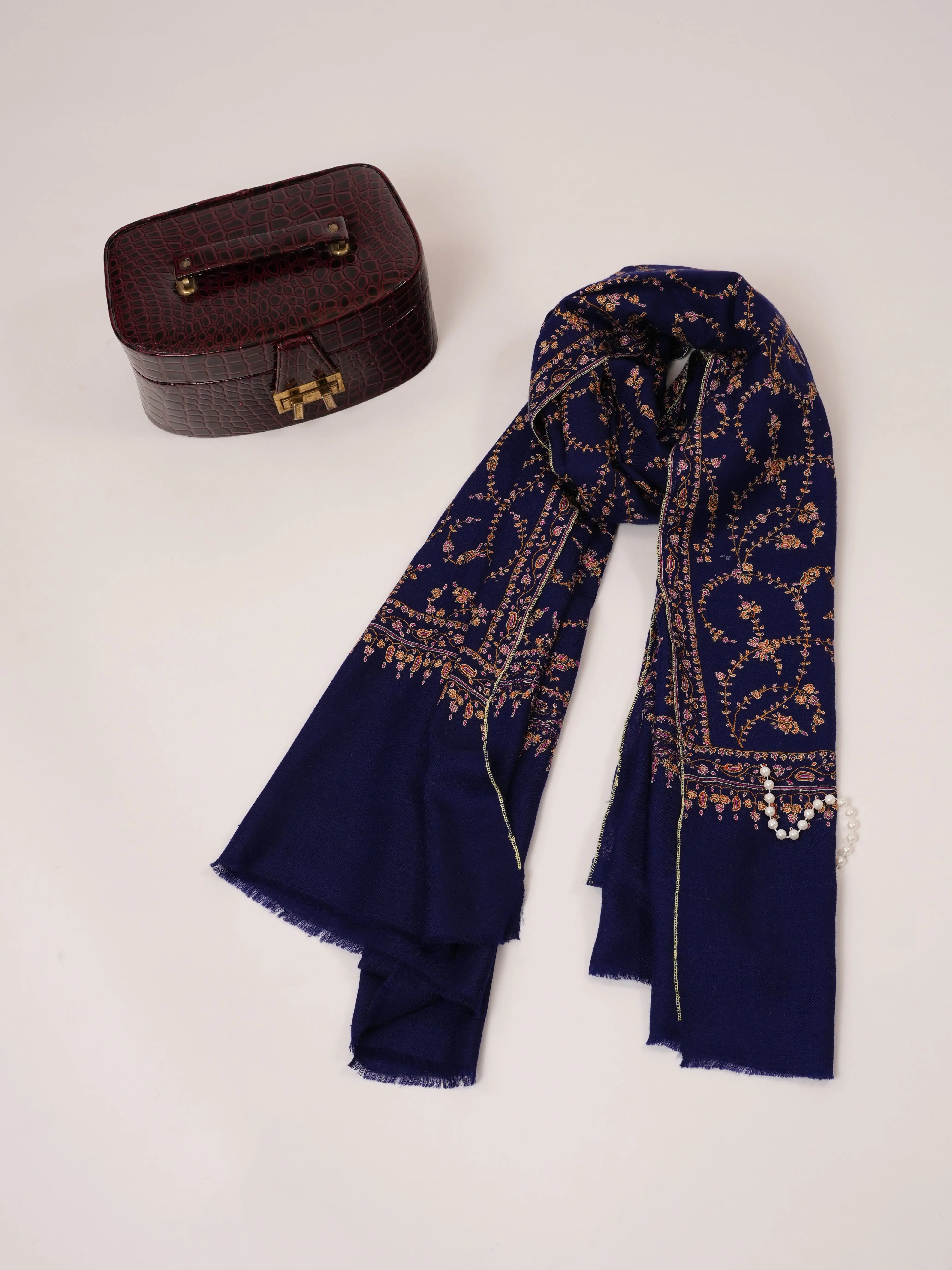 Royal Blue Pashmina Shawl with Floral Hand Embroidery Shahkaar.com