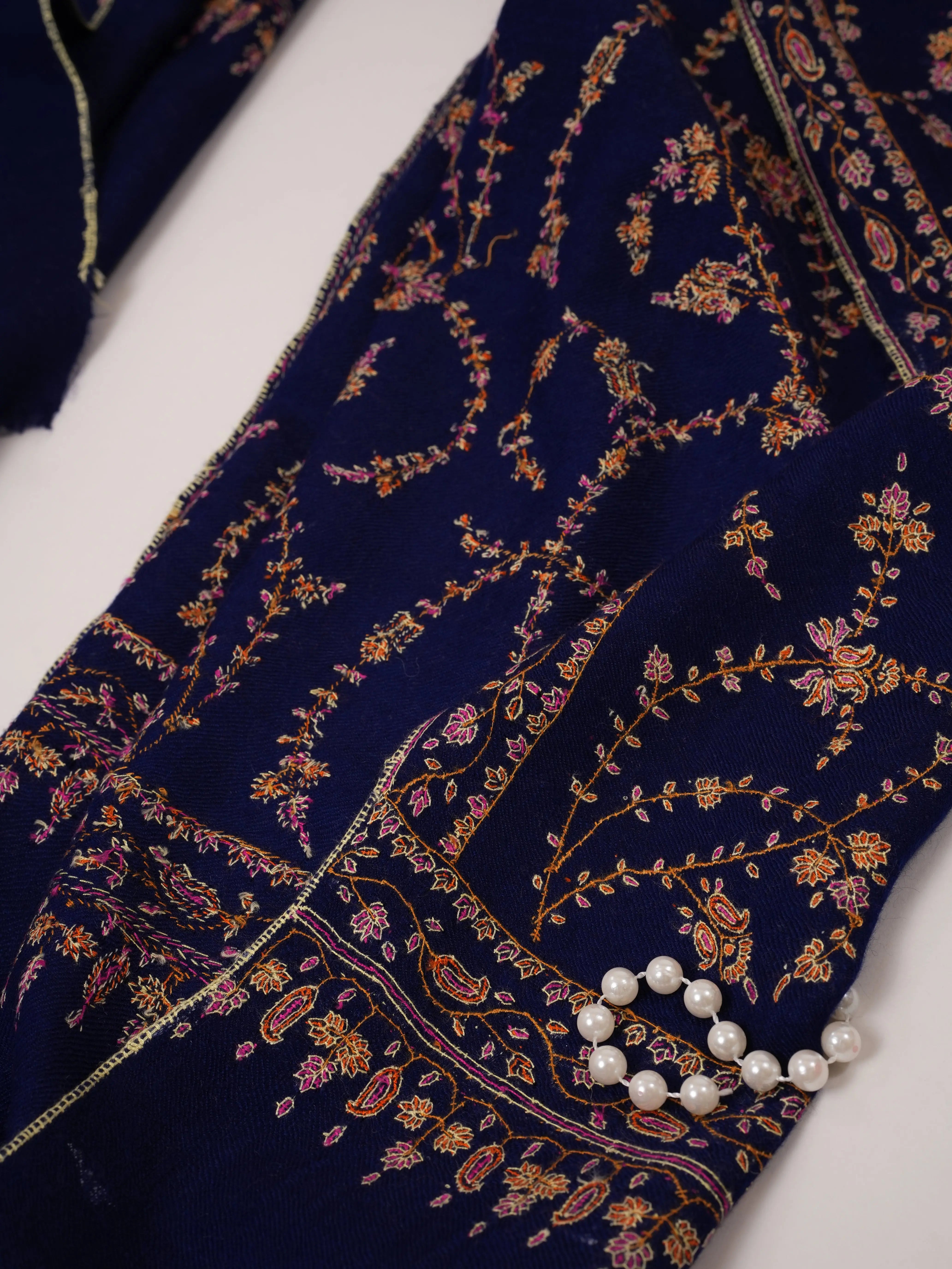 Royal Blue Pashmina Shawl with Floral Hand Embroidery Shahkaar.com