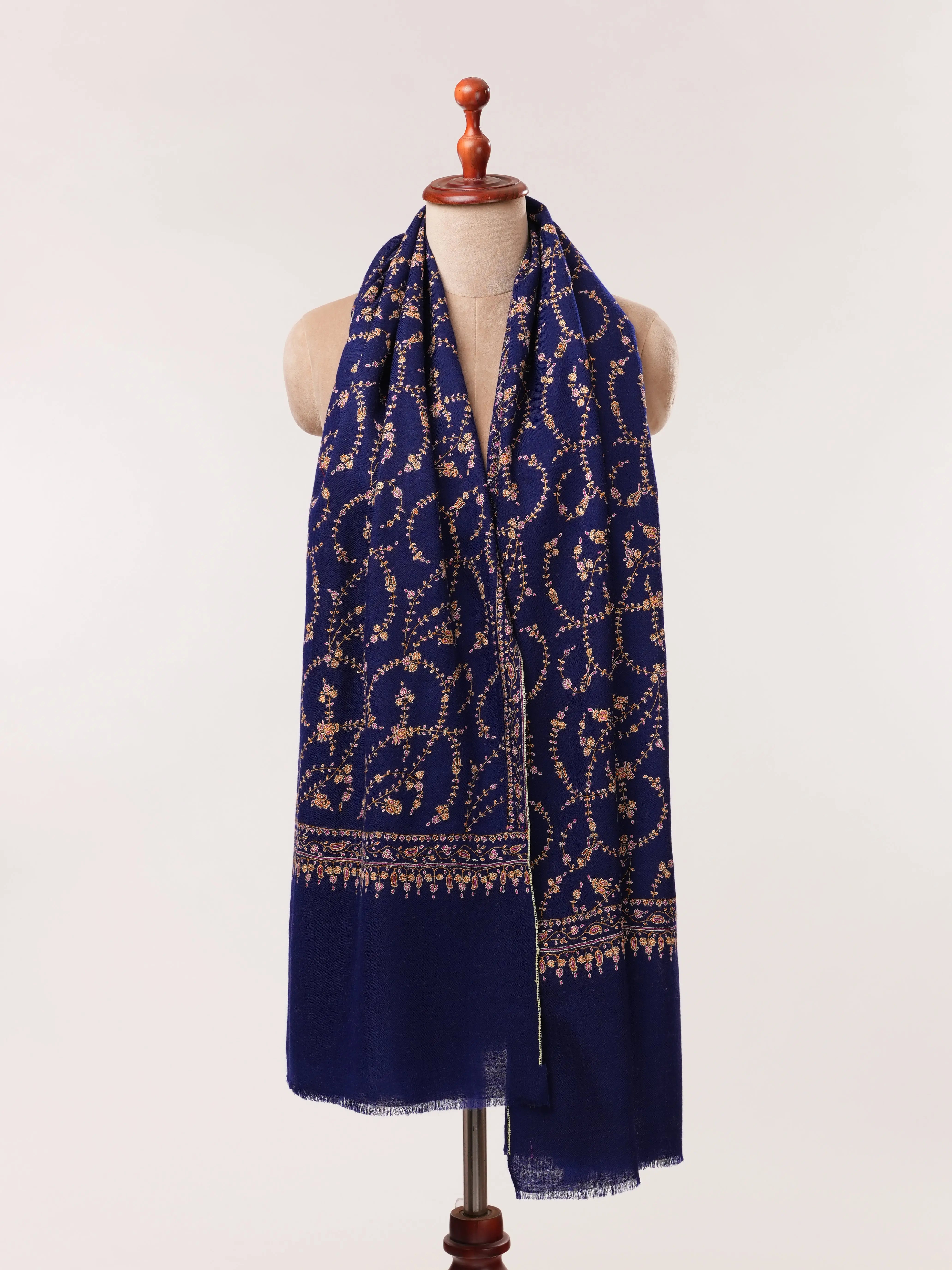 Royal Blue Pashmina Shawl with Floral Hand Embroidery Shahkaar.com