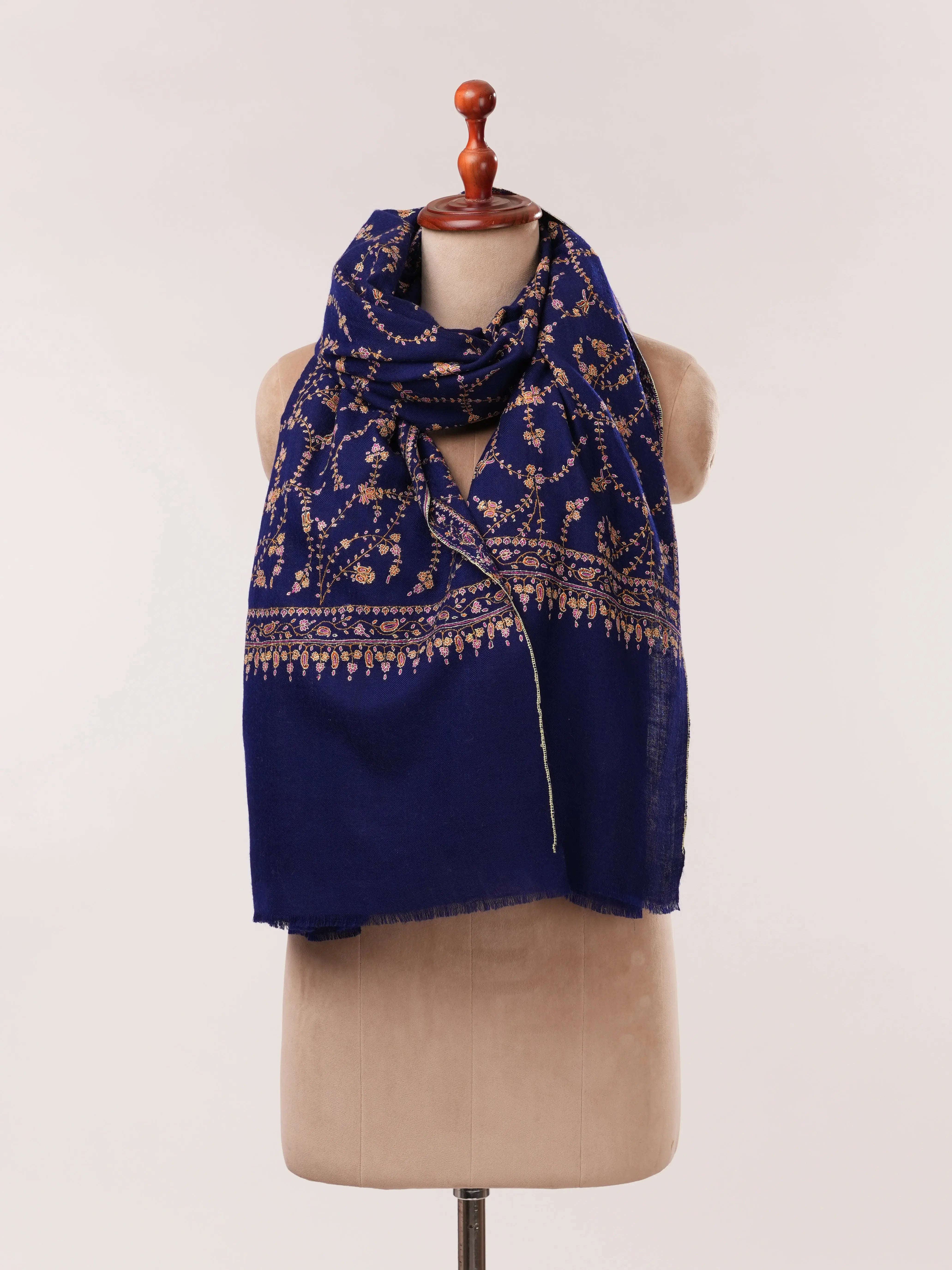 Royal Blue Pashmina Shawl with Floral Hand Embroidery Shahkaar.com