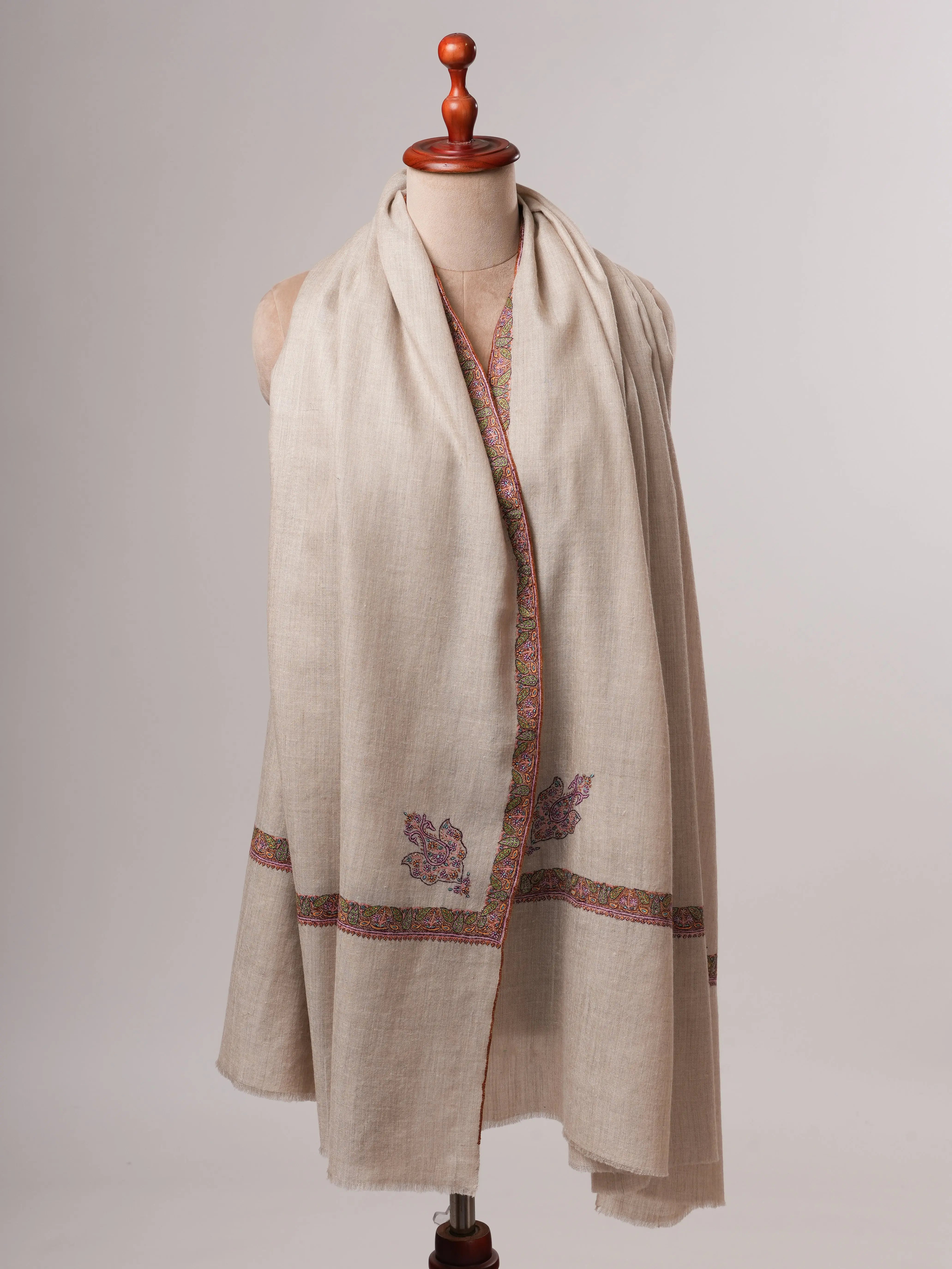Natural Grey Pure Pashmina Shawl with Traditional Hashia Embroidery Shahkaar