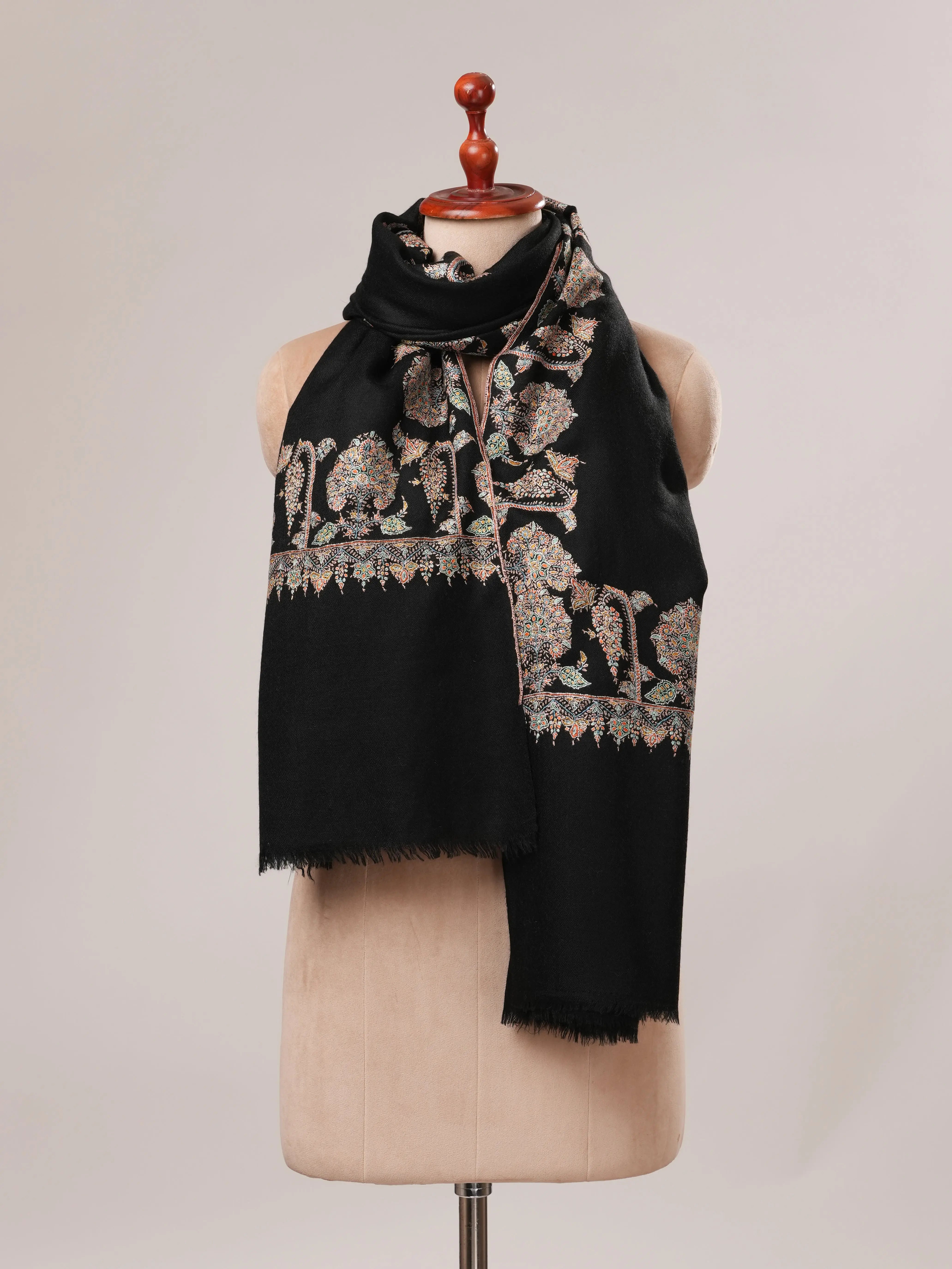 Black Daurdar Hand Embroidered Pure Pashmina Shawl Shahkaar.com