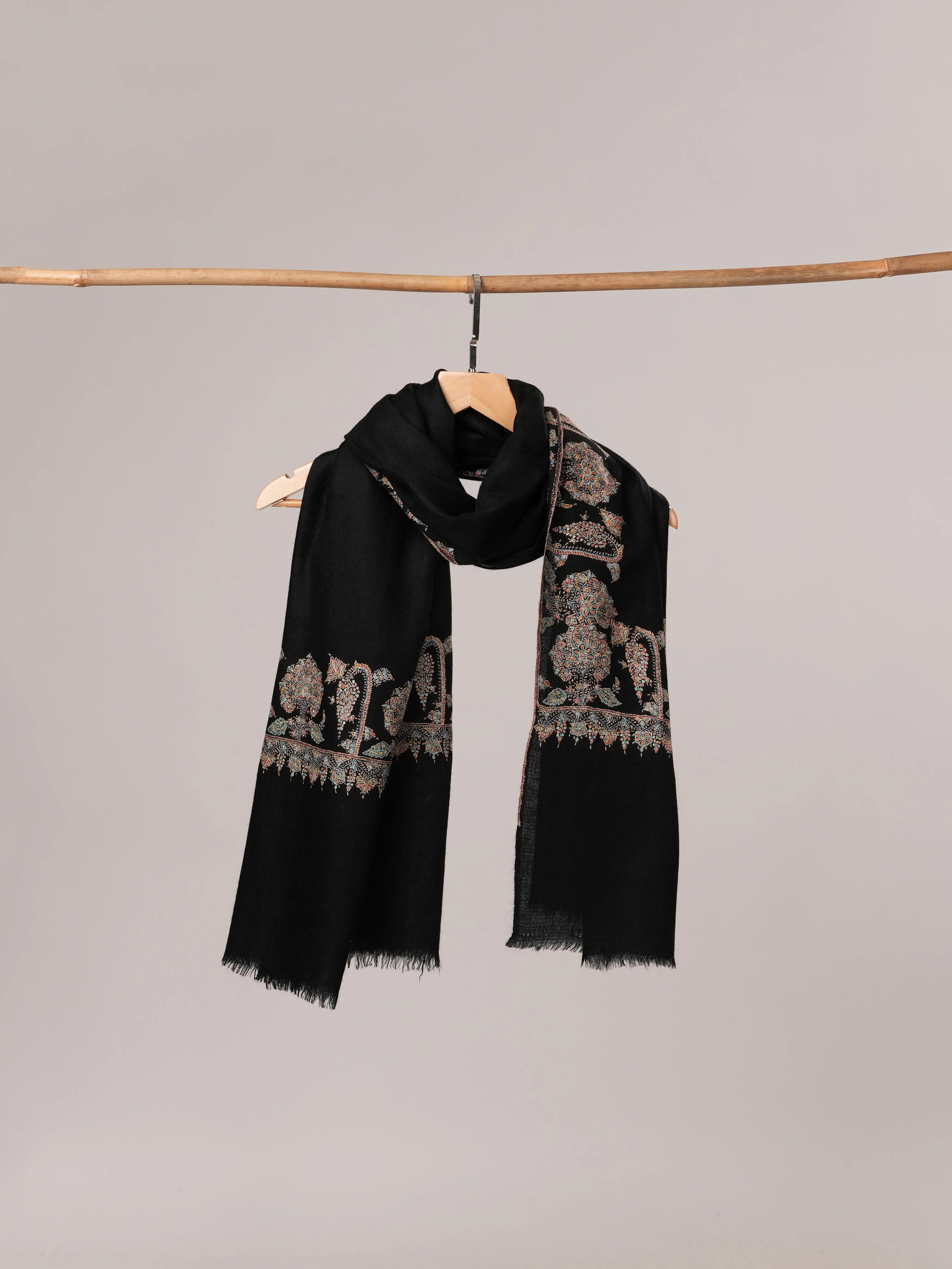 Black Daurdar Hand Embroidered Pure Pashmina Shawl Shahkaar.com