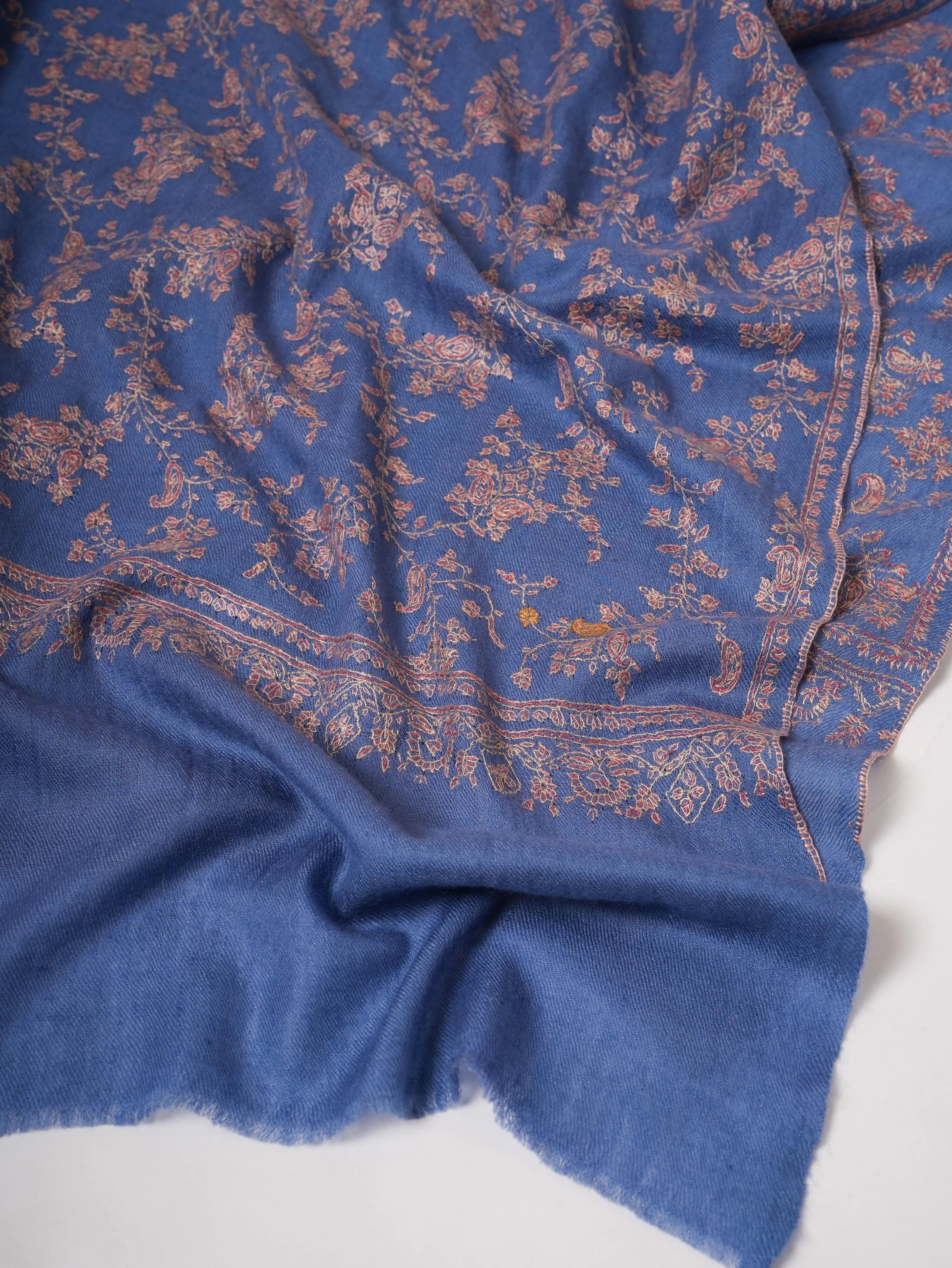 Artisan Blue Cashmere Scarf Featuring Intricate All-Over Embroidery Shahkaar