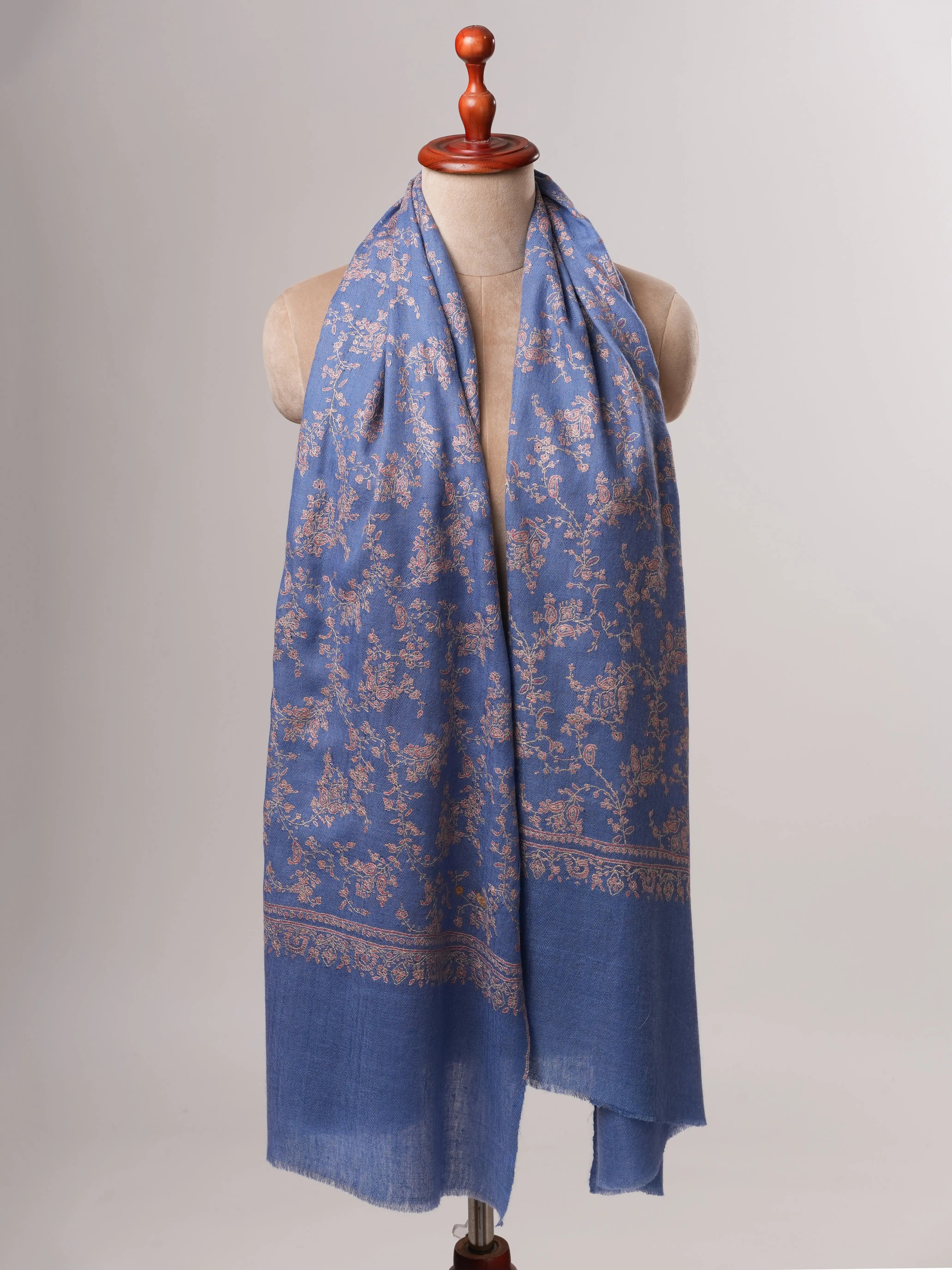 Artisan Blue Cashmere Scarf Featuring Intricate All-Over Embroidery Shahkaar