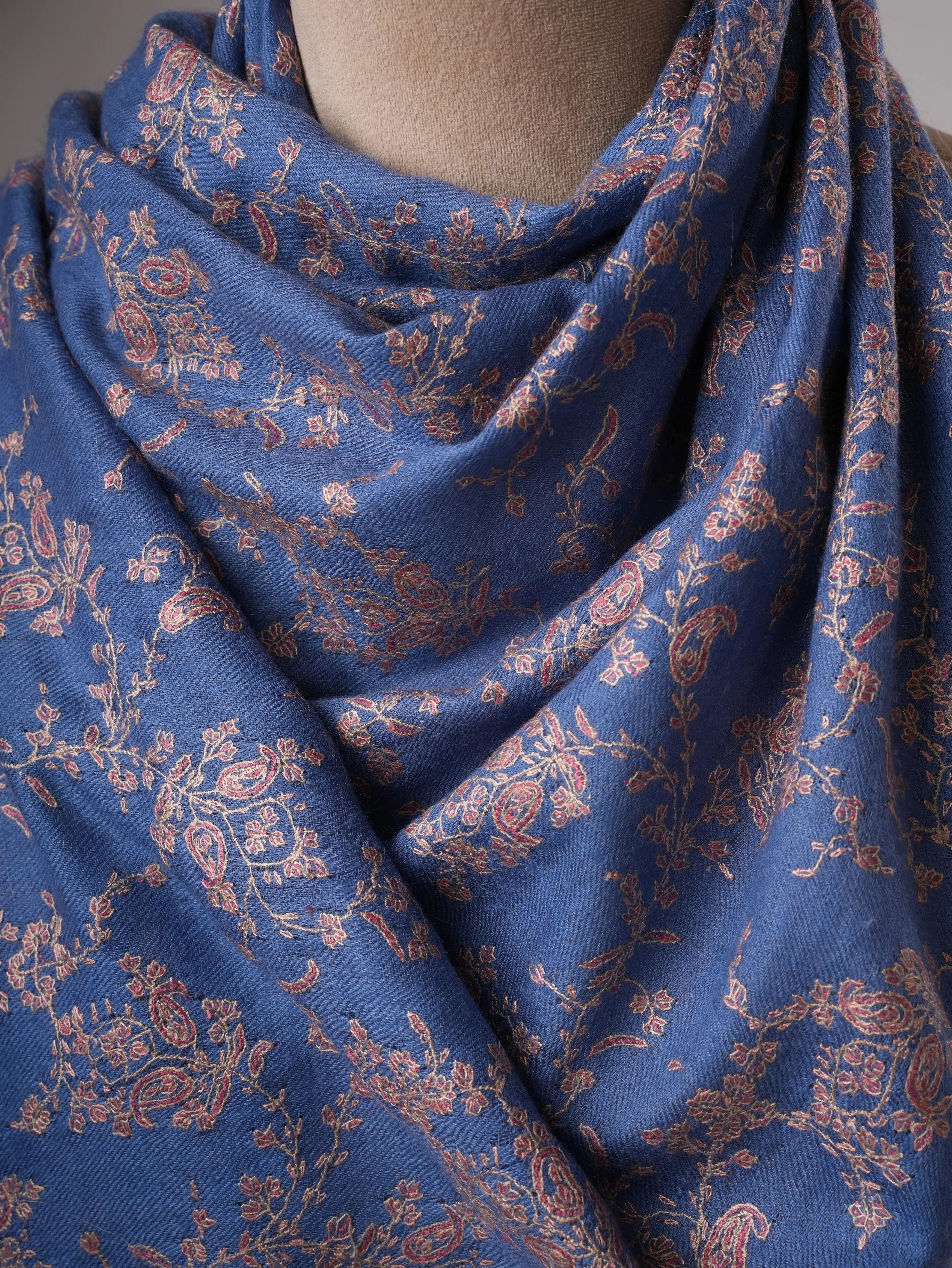 Artisan Blue Cashmere Scarf Featuring Intricate All-Over Embroidery Shahkaar