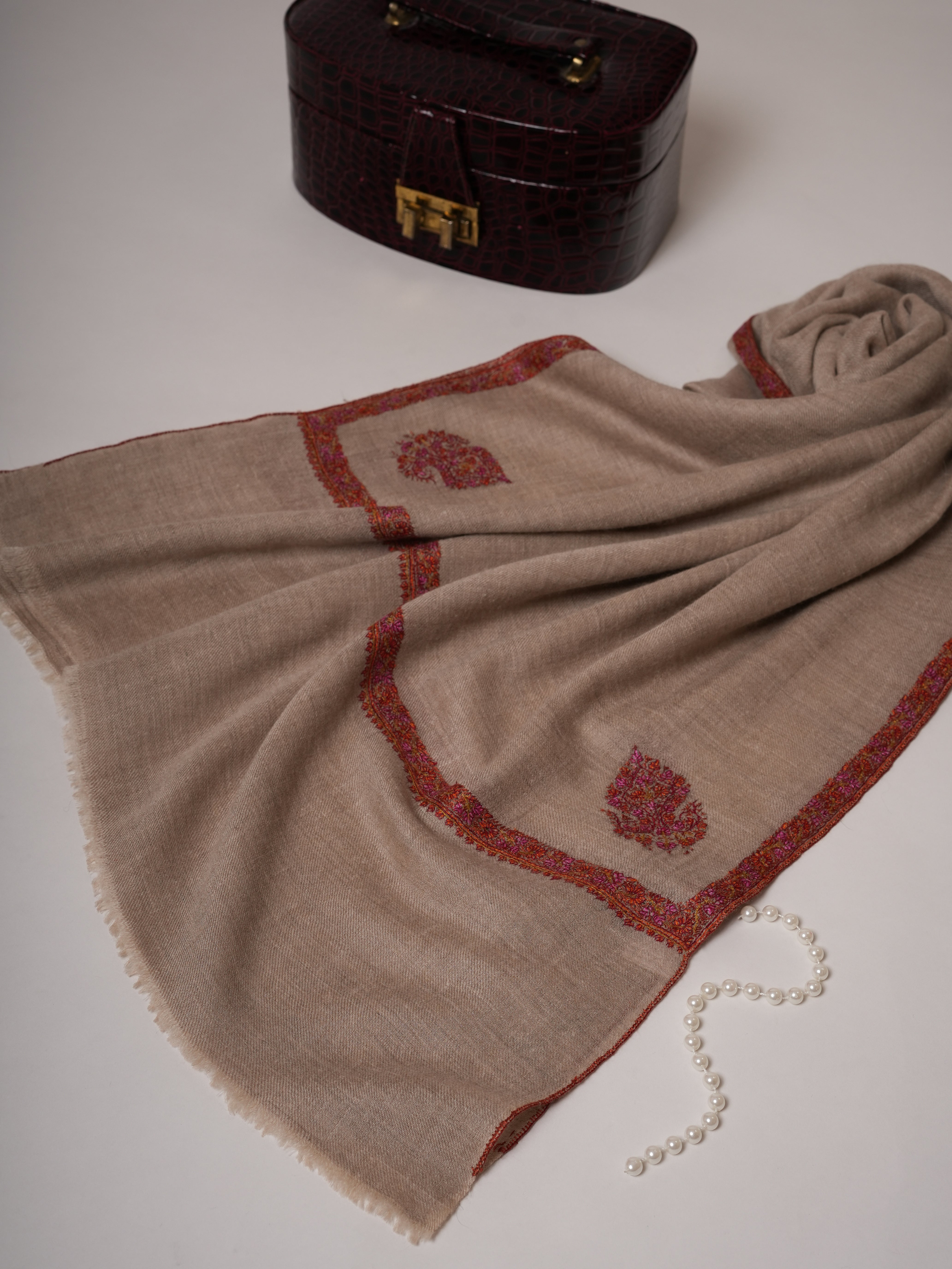 Natural Grey Baby Soft Cashmere Scarf with Classic Hashia & Corner Embroidery Shahkaar
