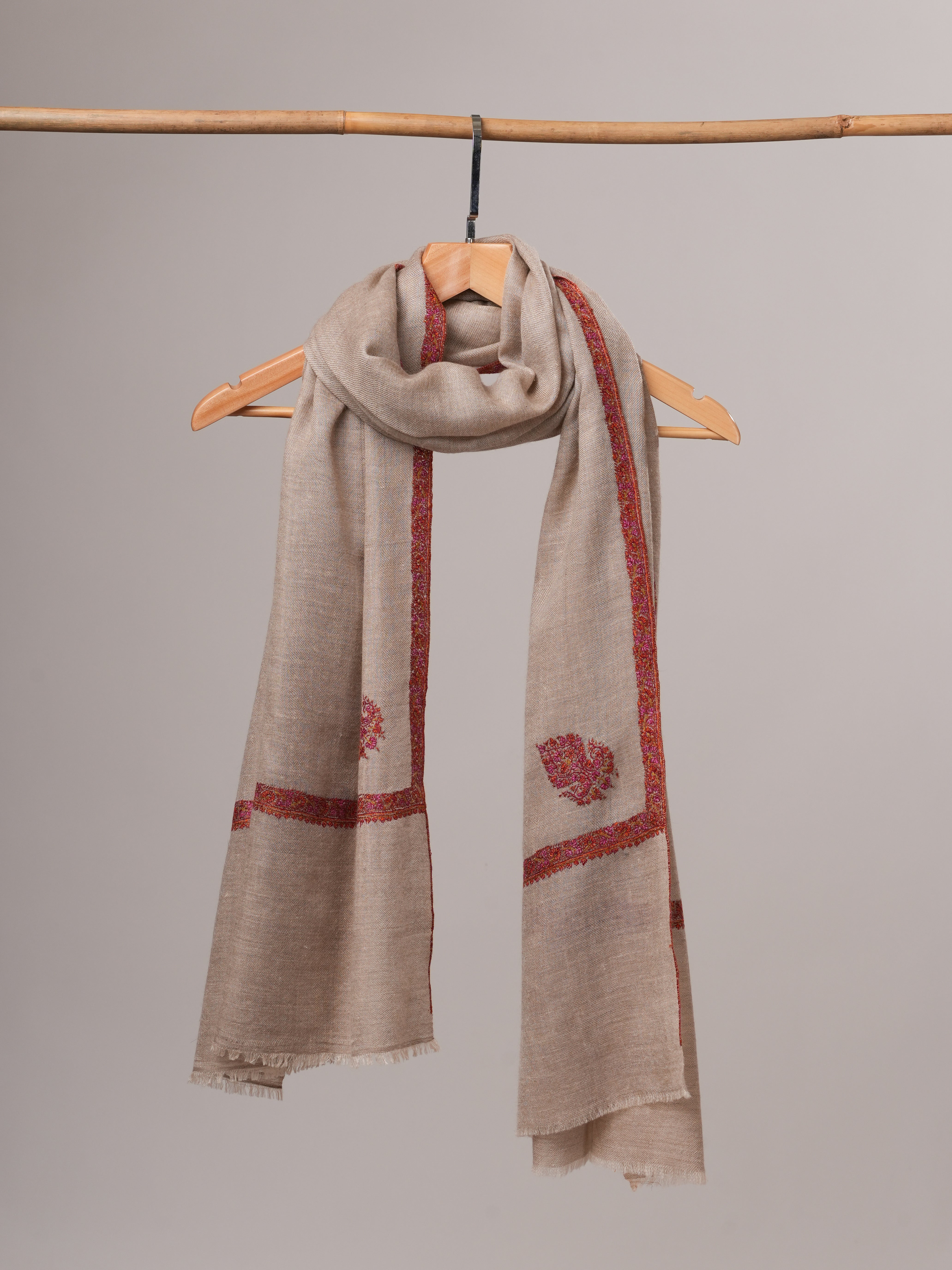 Natural Grey Baby Soft Cashmere Scarf with Classic Hashia & Corner Embroidery Shahkaar